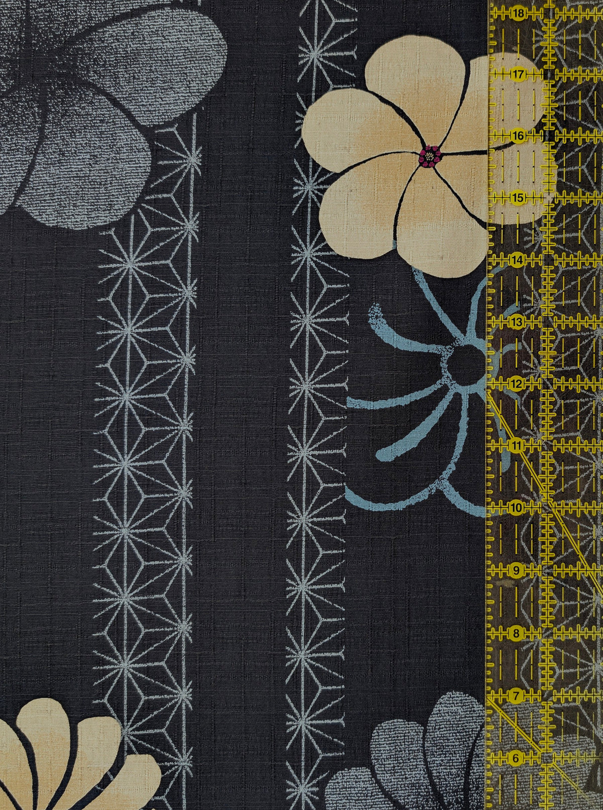 Kobayashi - Asanoha Stripe and Blossoms Cotton Dobby Fabric - Blue