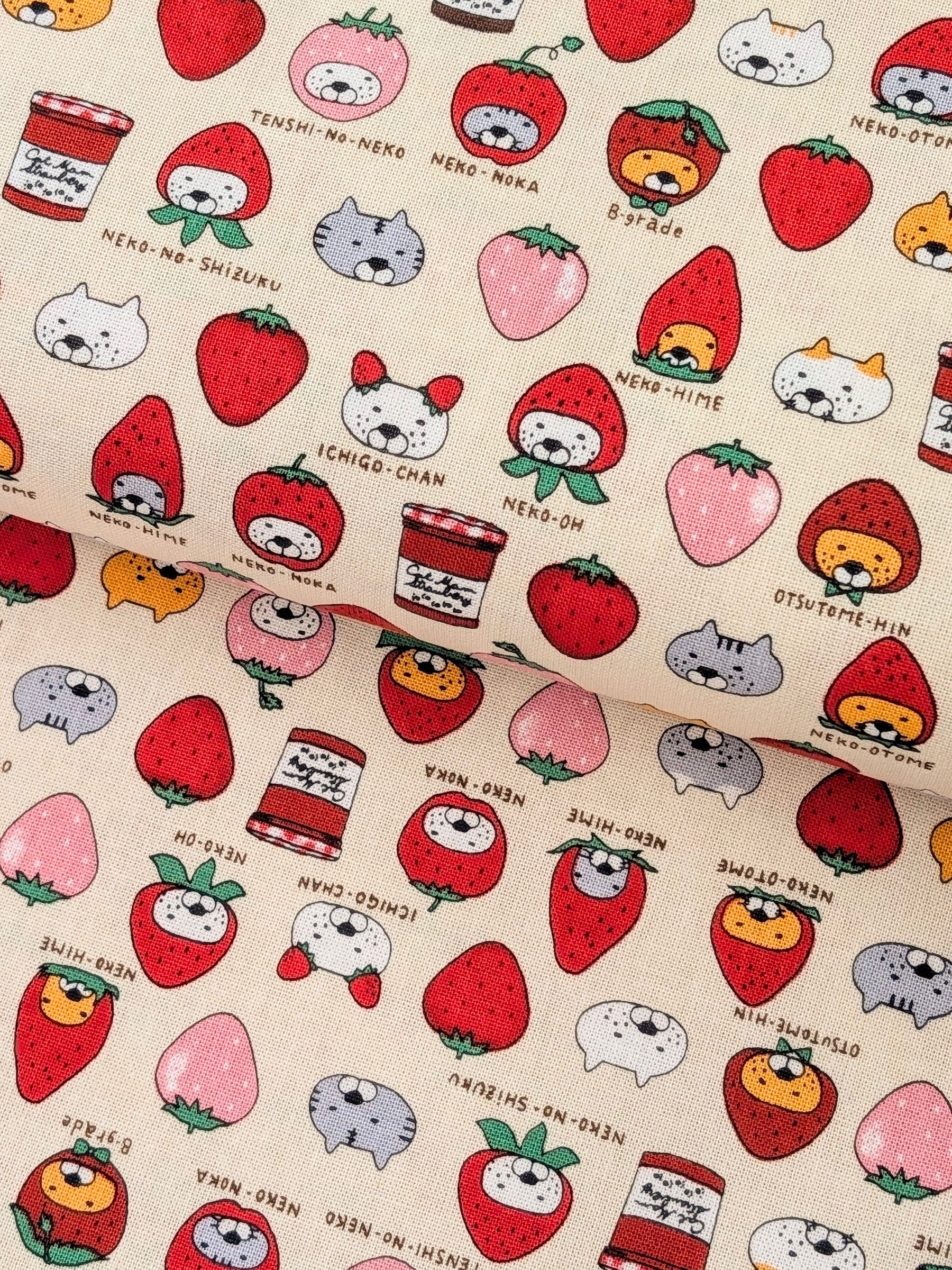 Kobayashi - Neko Strawberry Jam Cotton Linen Oxford Canvas Fabric - Beige
