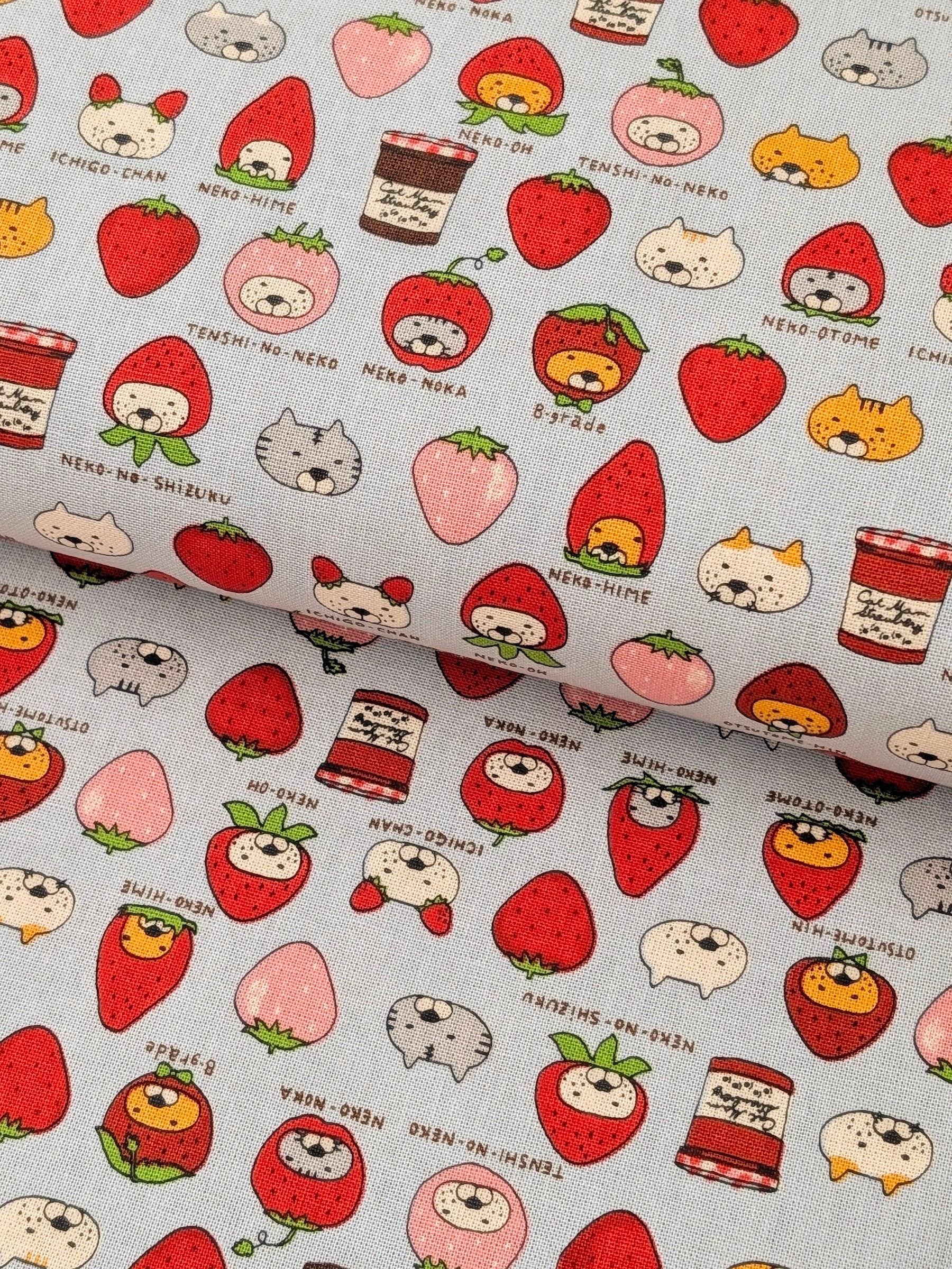 Kobayashi - Neko Strawberry Jam Cotton Linen Oxford Canvas Fabric - Blue