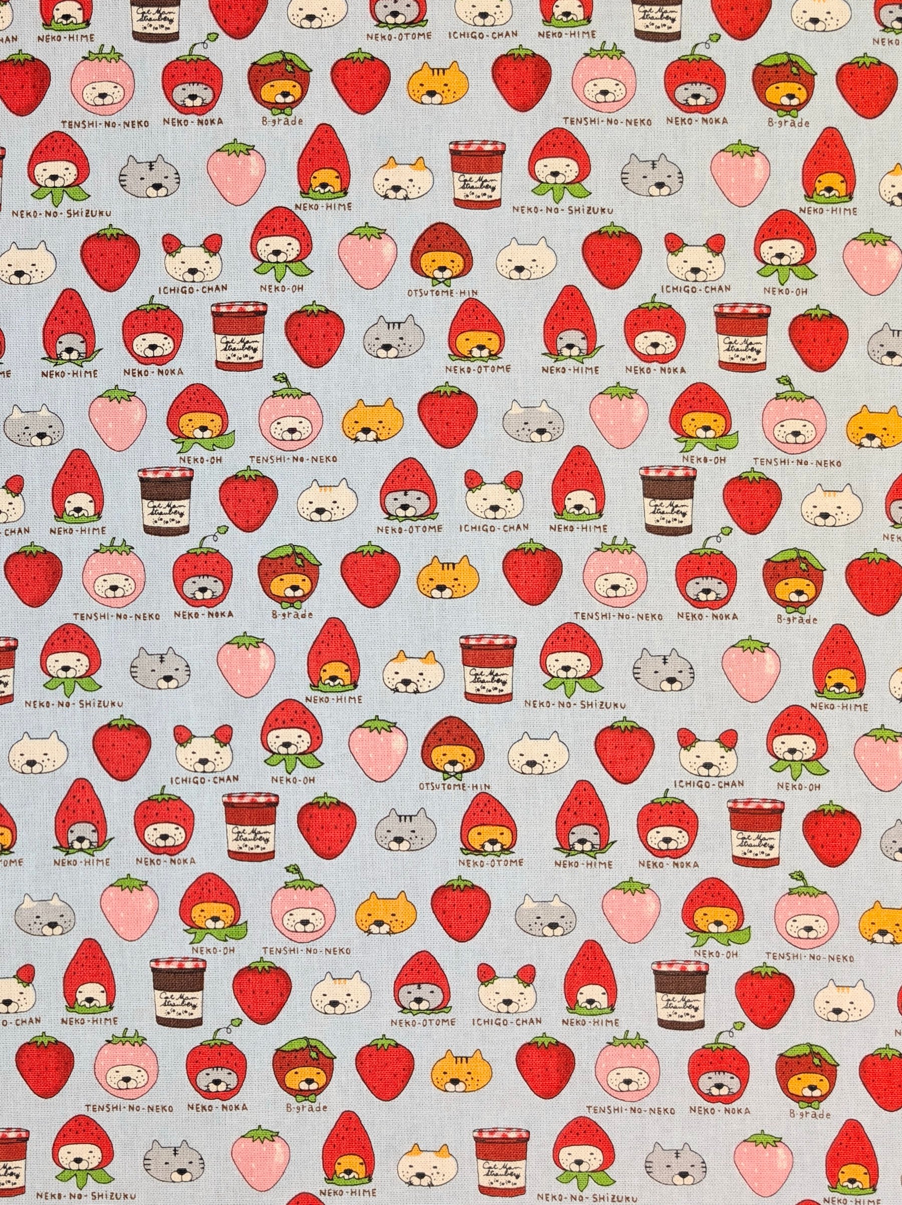 Kobayashi - Neko Strawberry Jam Cotton Linen Oxford Canvas Fabric - Blue