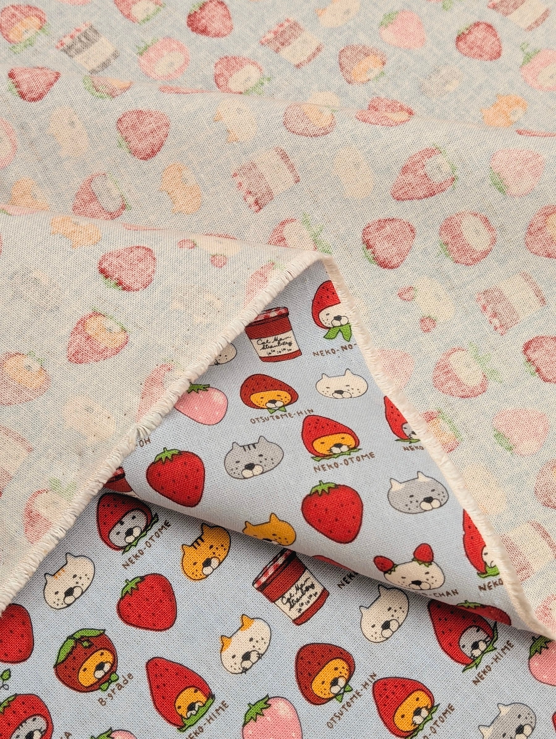 Kobayashi - Neko Strawberry Jam Cotton Linen Oxford Canvas Fabric - Blue