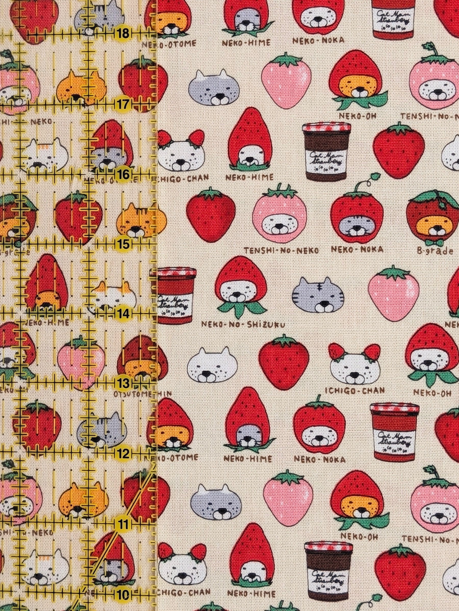Kobayashi - Neko Strawberry Jam Cotton Linen Oxford Canvas Fabric - Beige