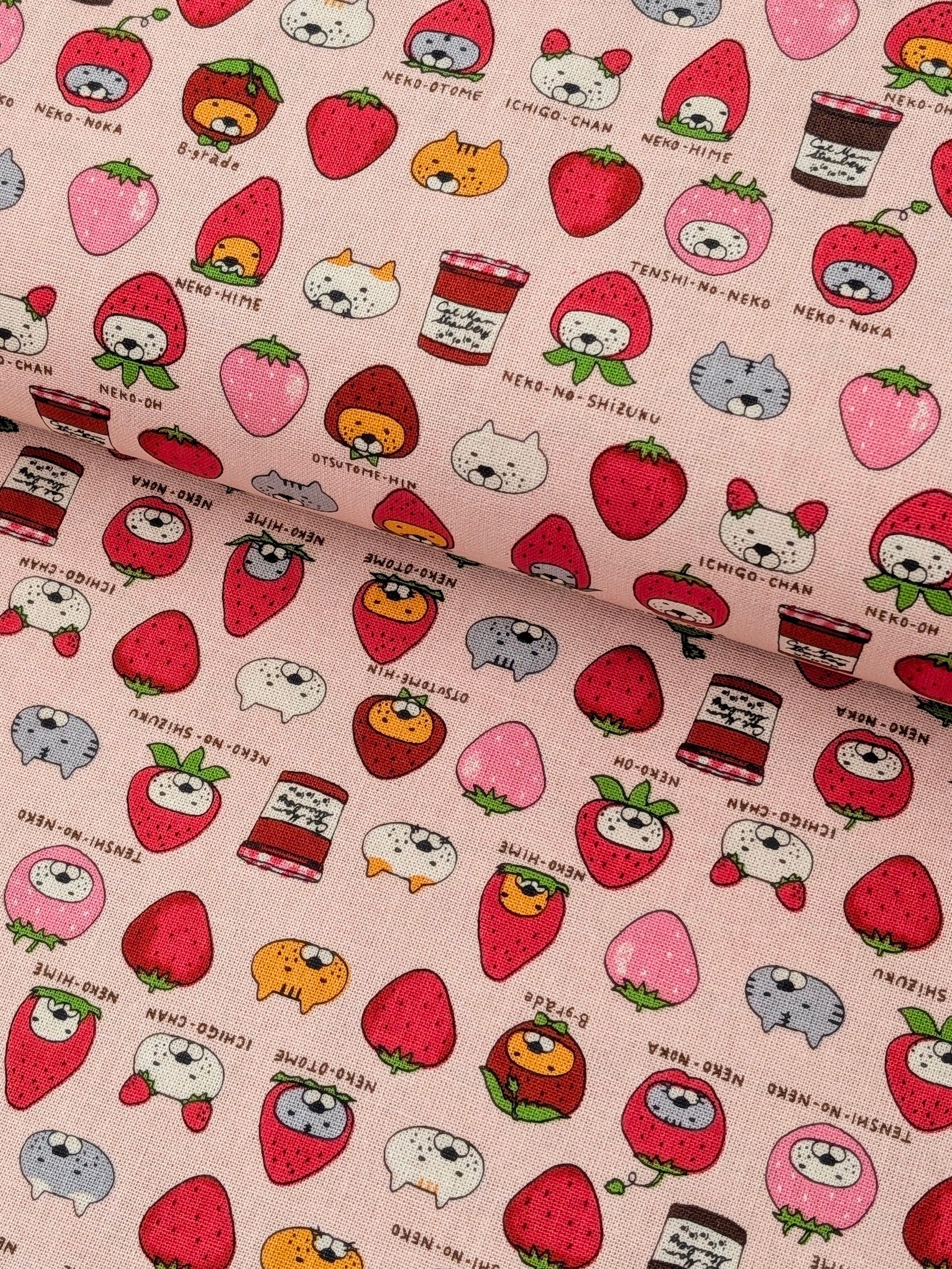 Kobayashi - Neko Strawberry Jam Cotton Linen Oxford Canvas Fabric - Pink