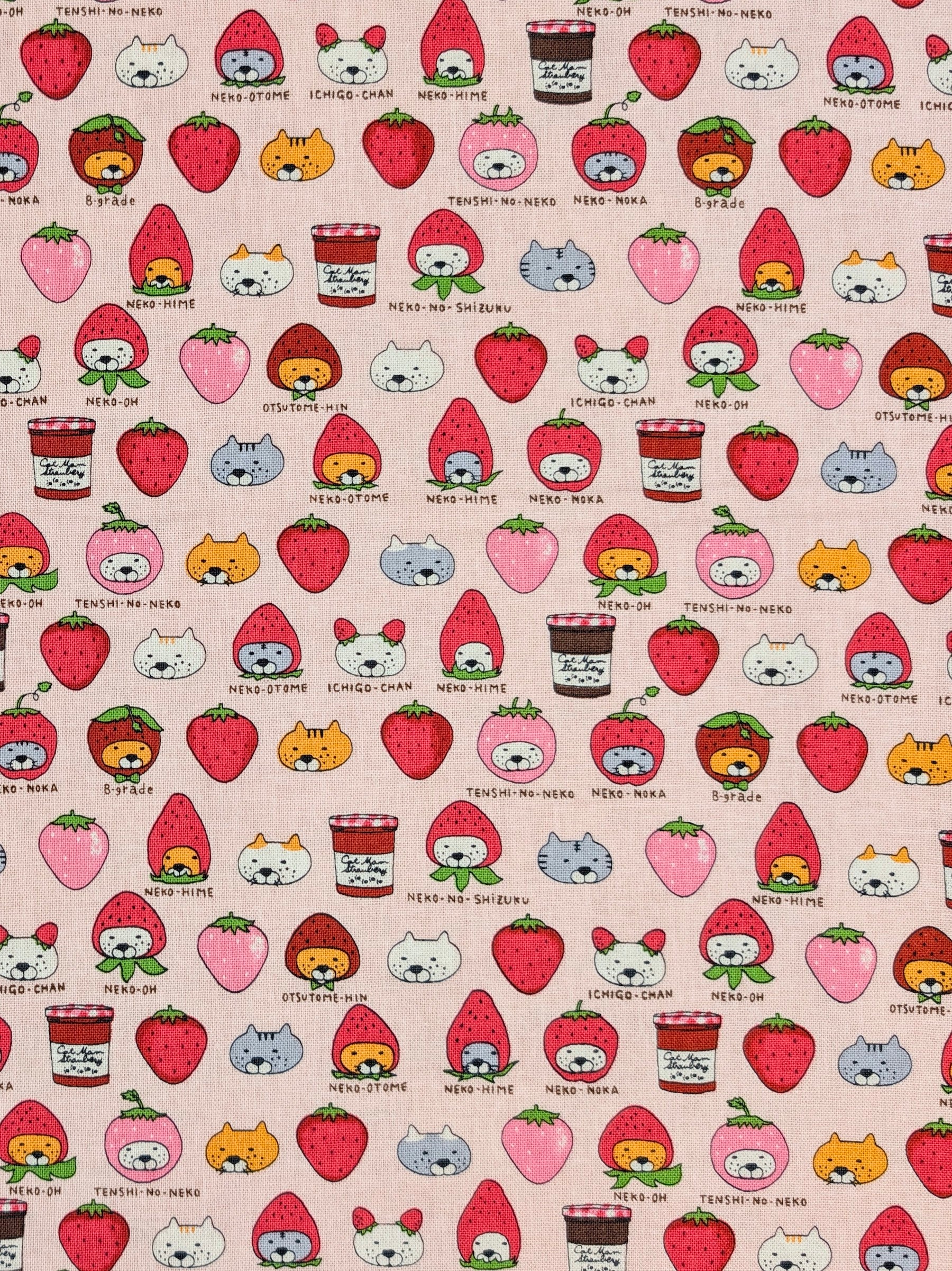 Kobayashi - Neko Strawberry Jam Cotton Linen Oxford Canvas Fabric - Pink