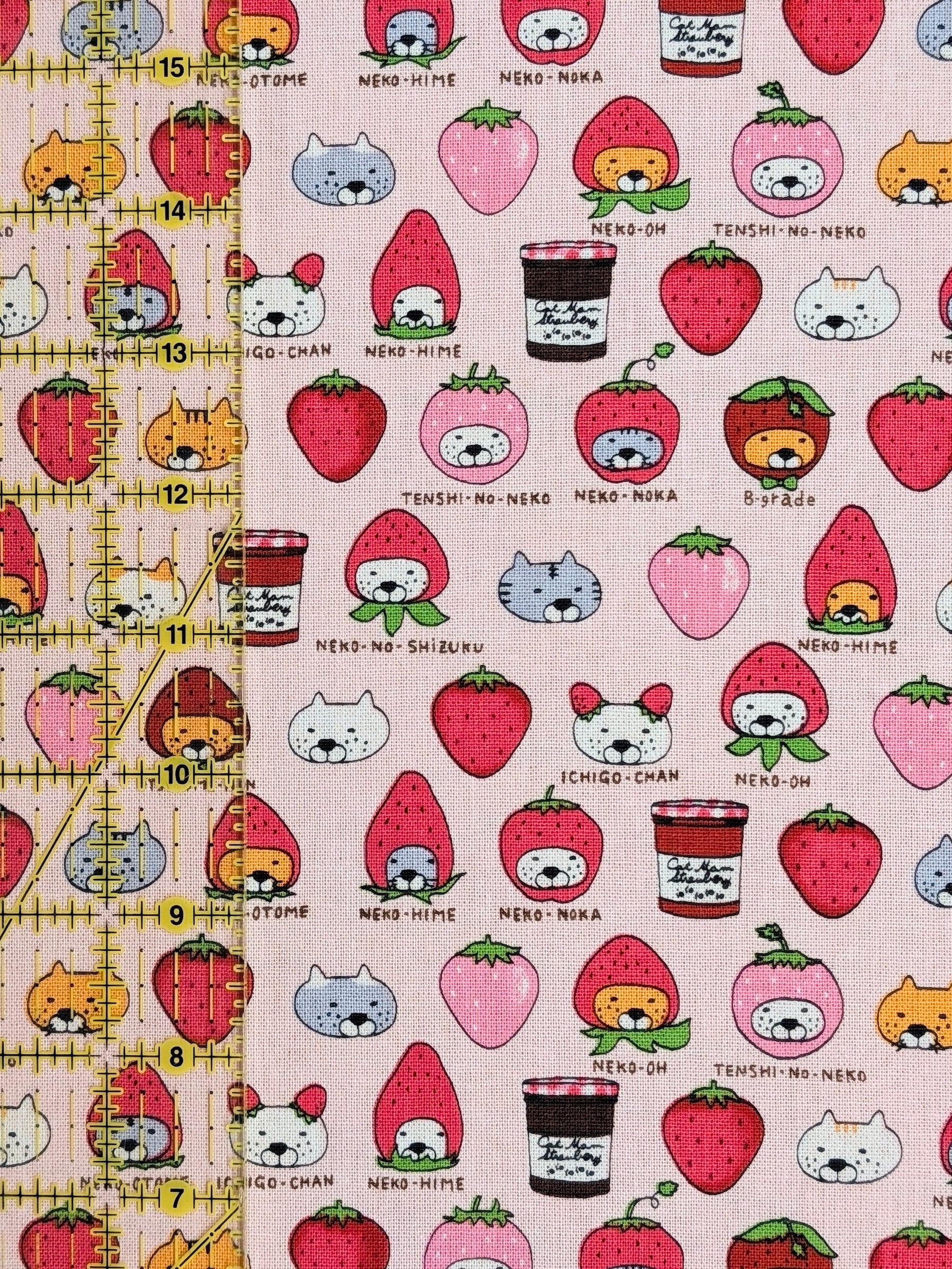 Kobayashi - Neko Strawberry Jam Cotton Linen Oxford Canvas Fabric - Pink