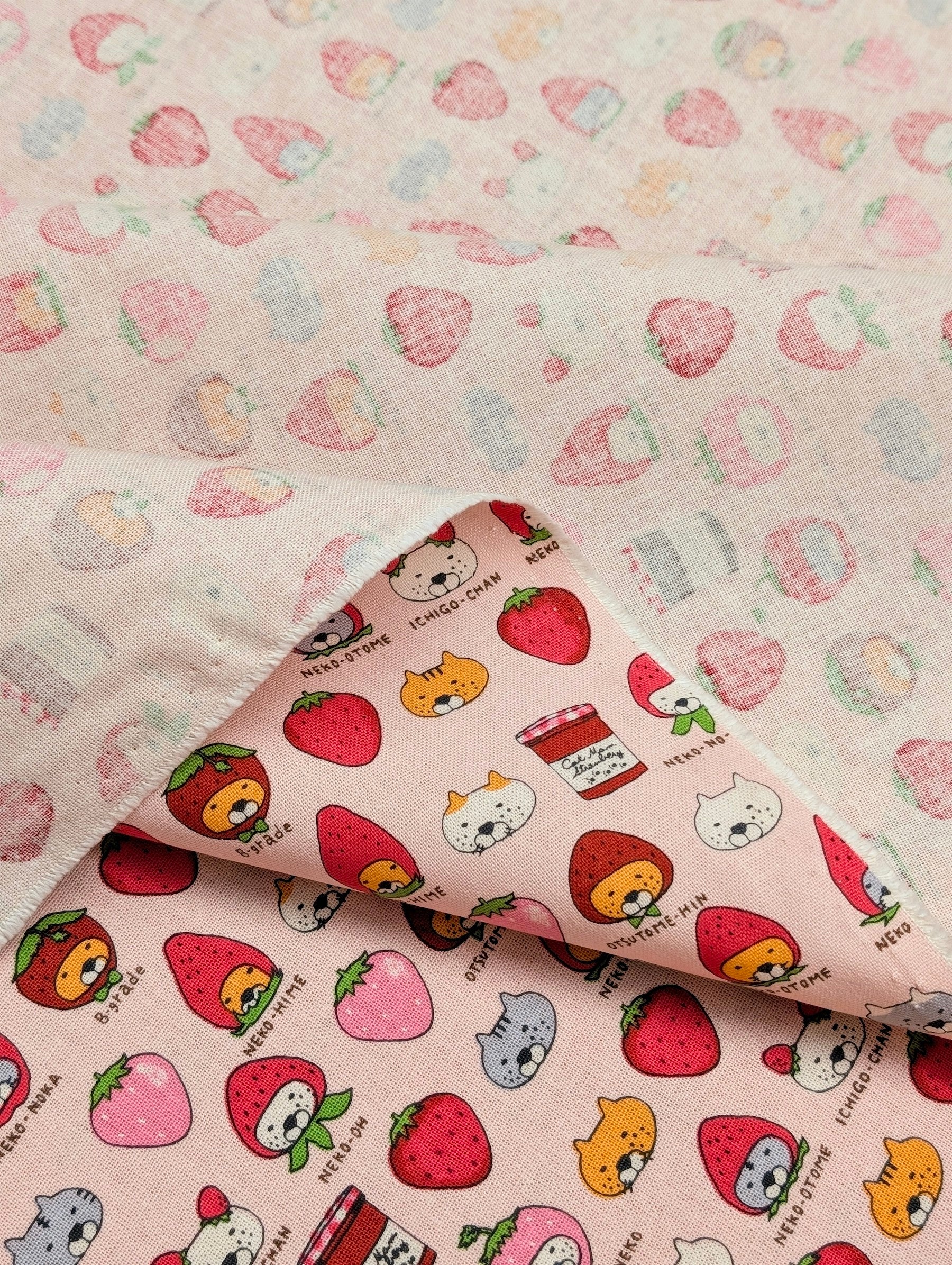 Kobayashi - Neko Strawberry Jam Cotton Linen Oxford Canvas Fabric - Pink