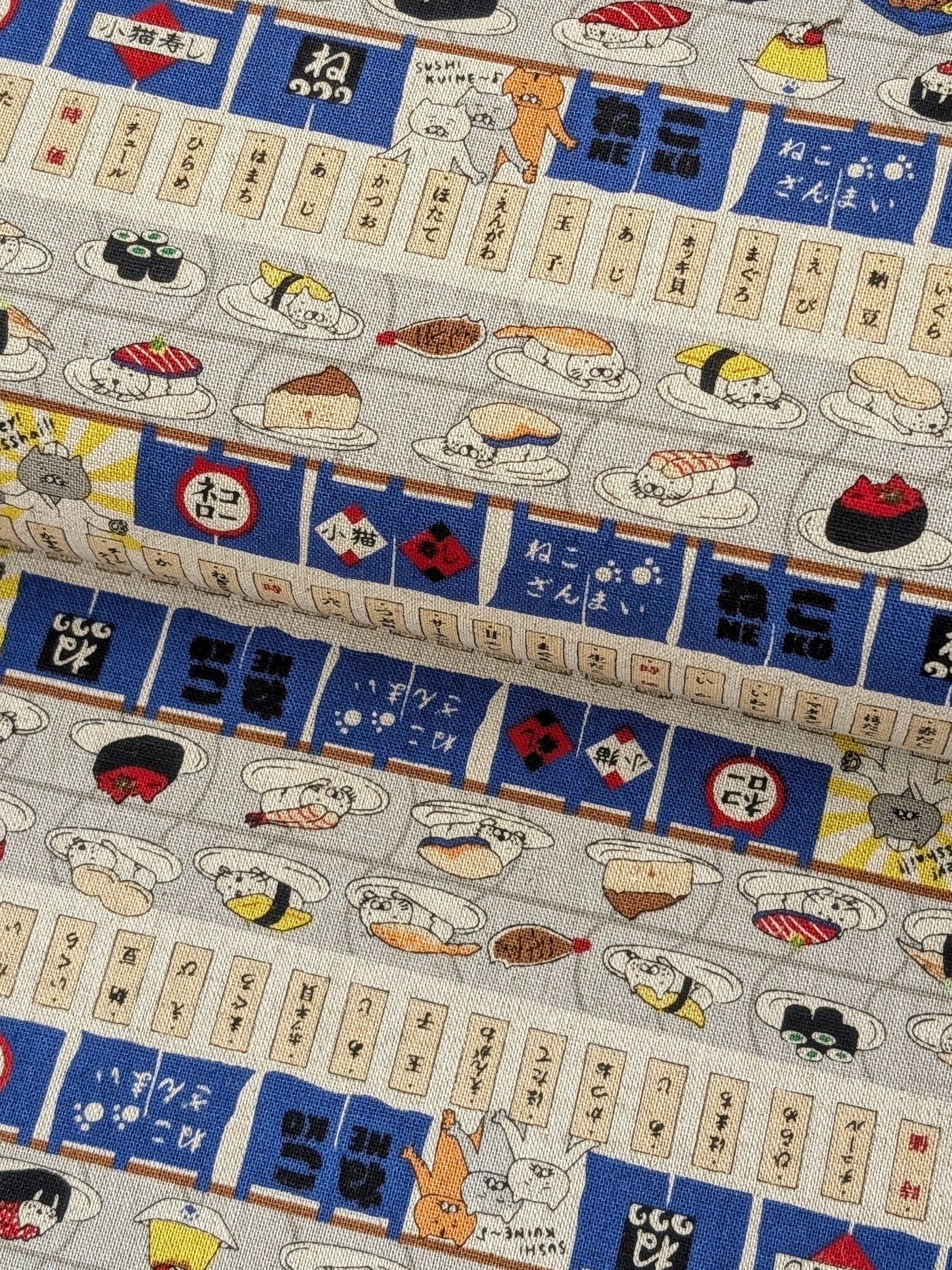 Kobayashi - Neko Sushi Train Cotton Linen Oxford Canvas Fabric - Blue