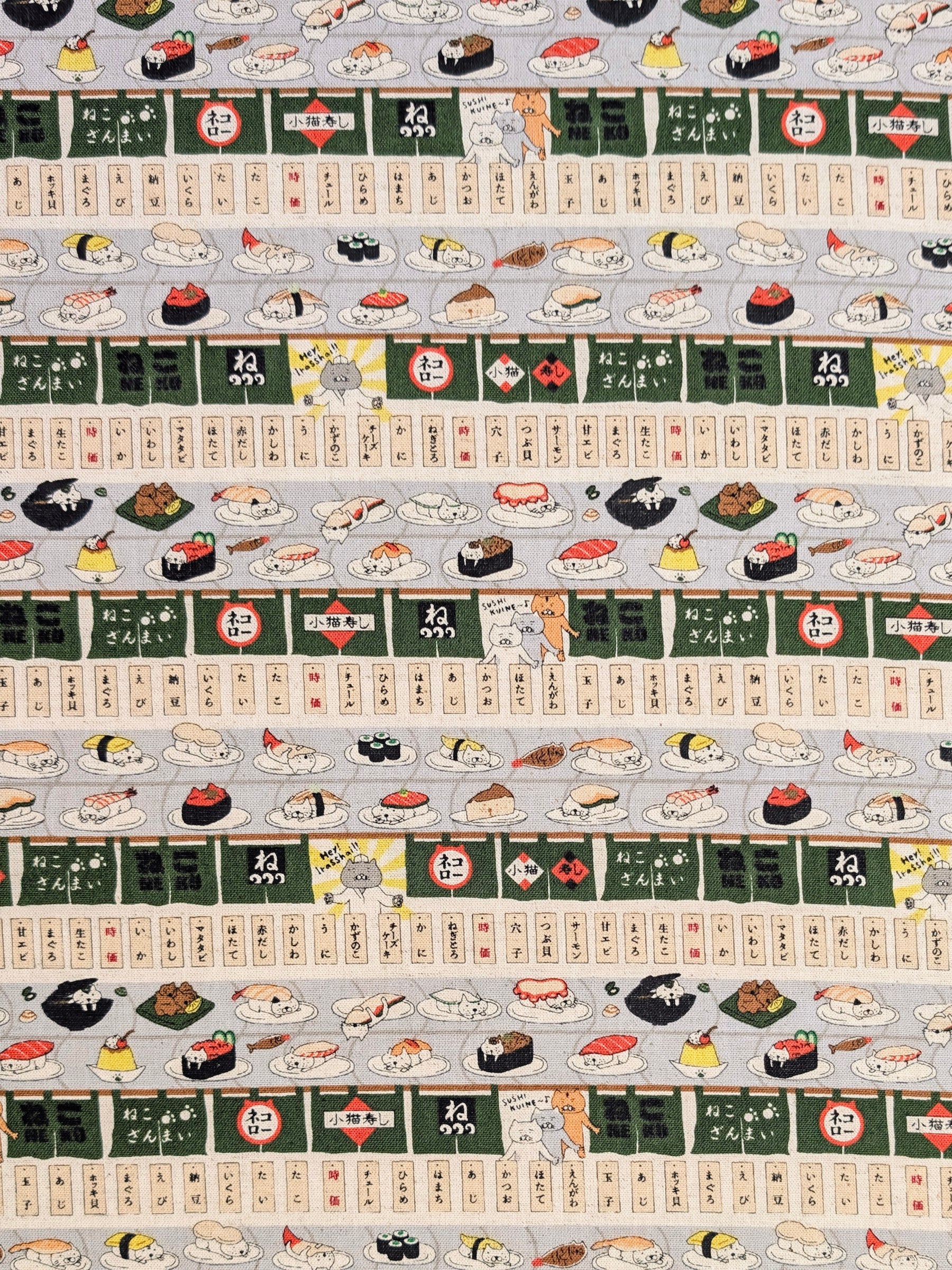 Kobayashi - Neko Sushi Train Cotton Linen Oxford Canvas Fabric - Green