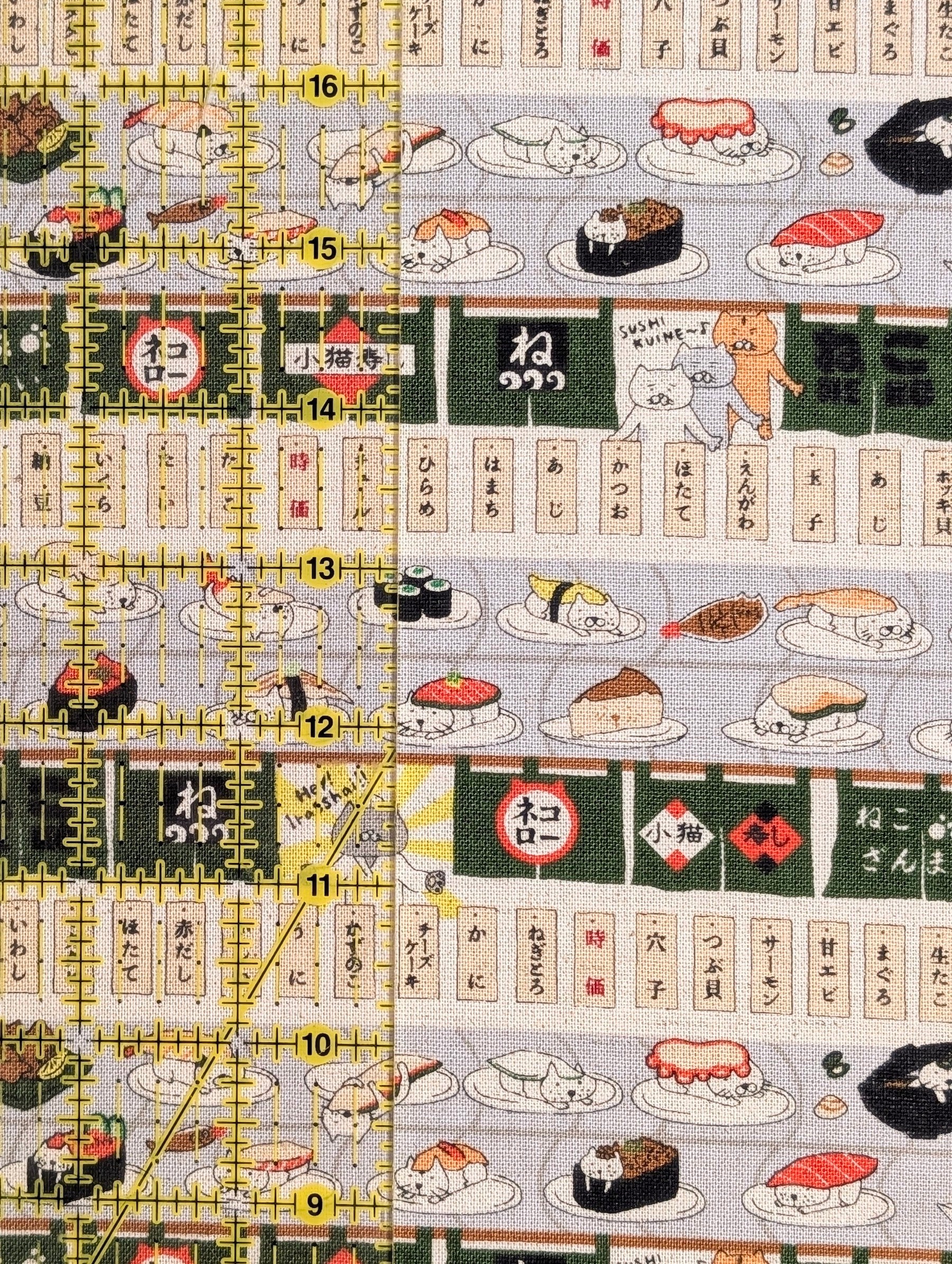 Kobayashi - Neko Sushi Train Cotton Linen Oxford Canvas Fabric - Green