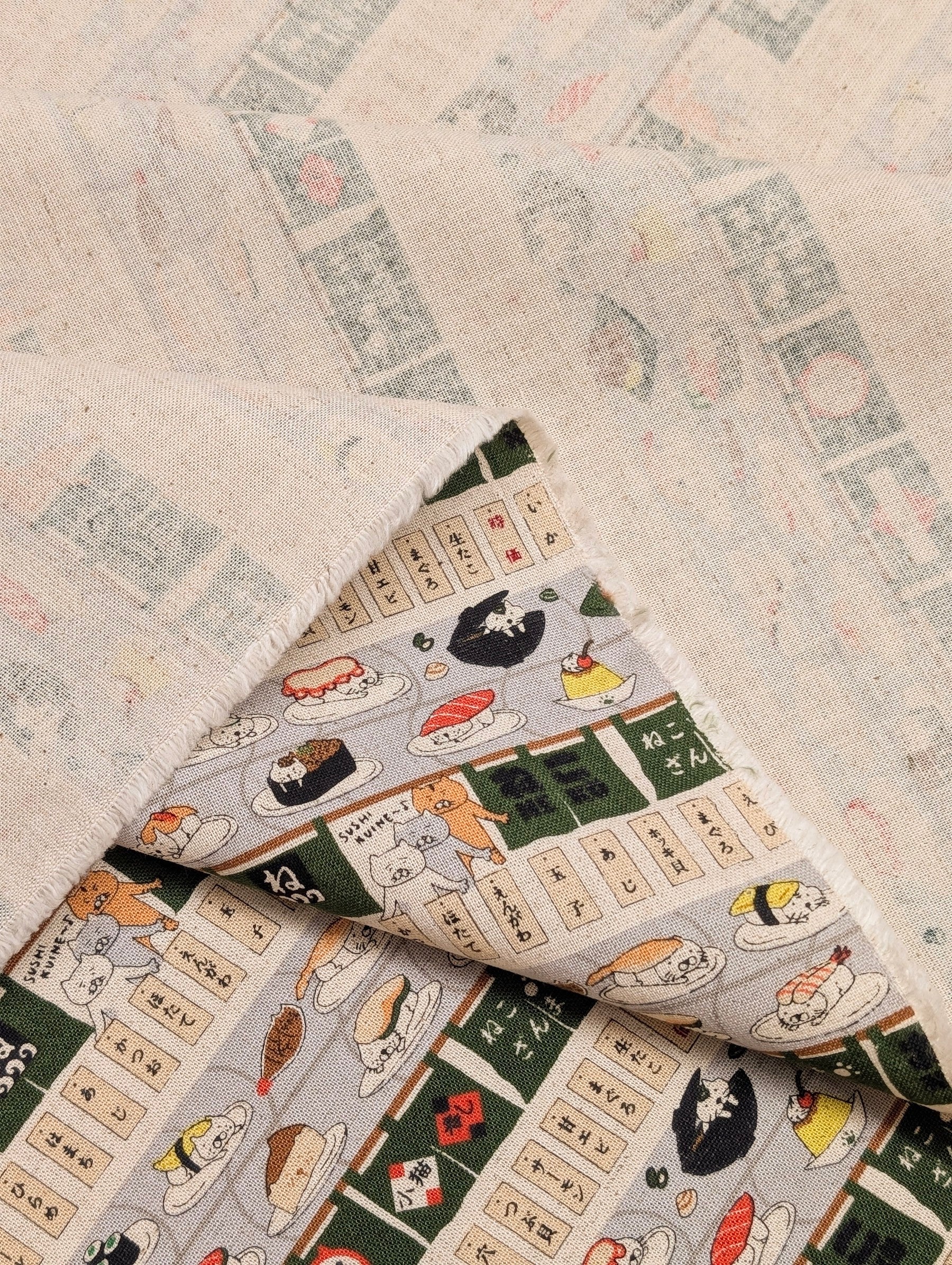 Kobayashi - Neko Sushi Train Cotton Linen Oxford Canvas Fabric - Green