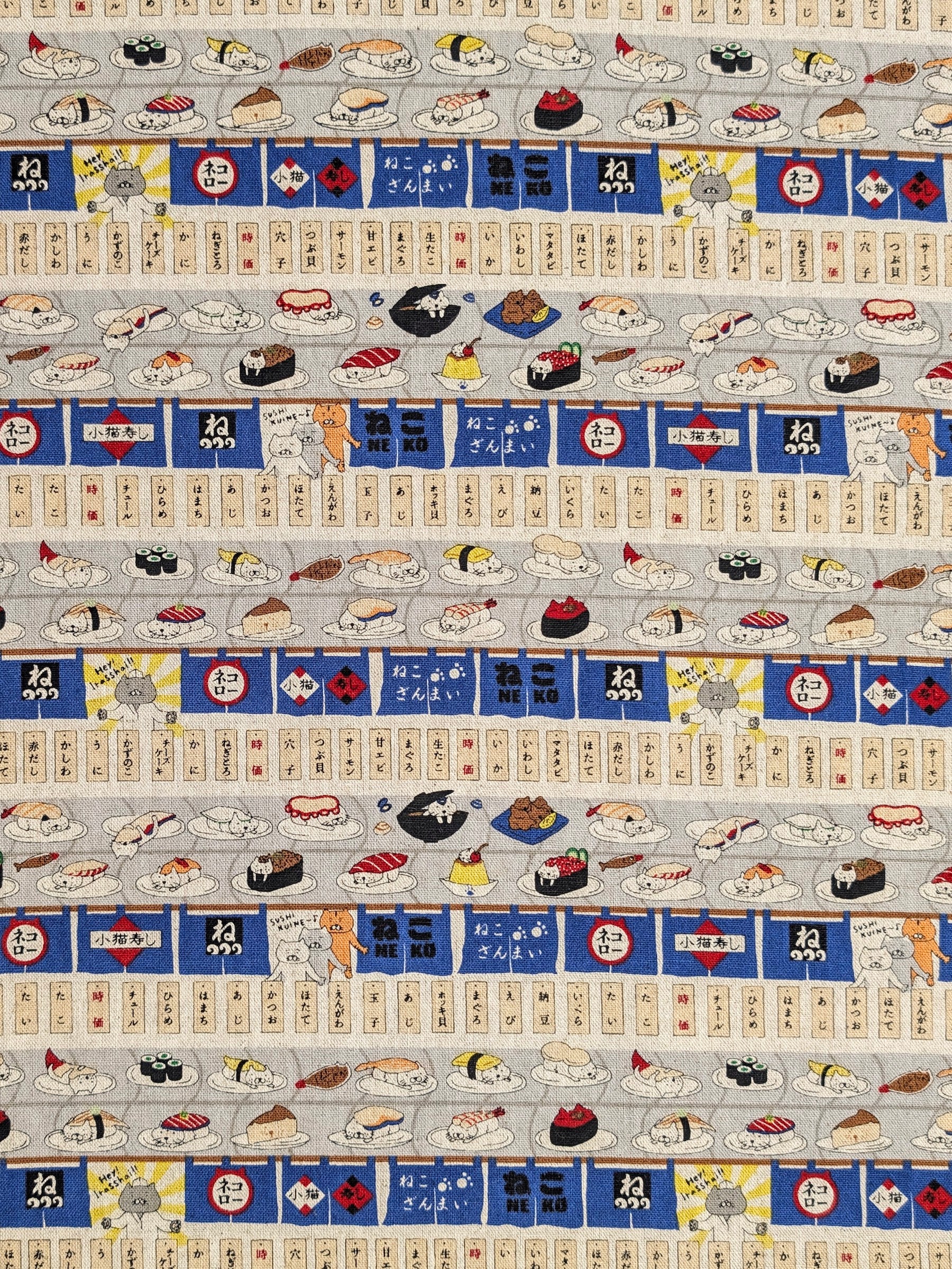 Kobayashi - Neko Sushi Train Cotton Linen Oxford Canvas Fabric - Blue