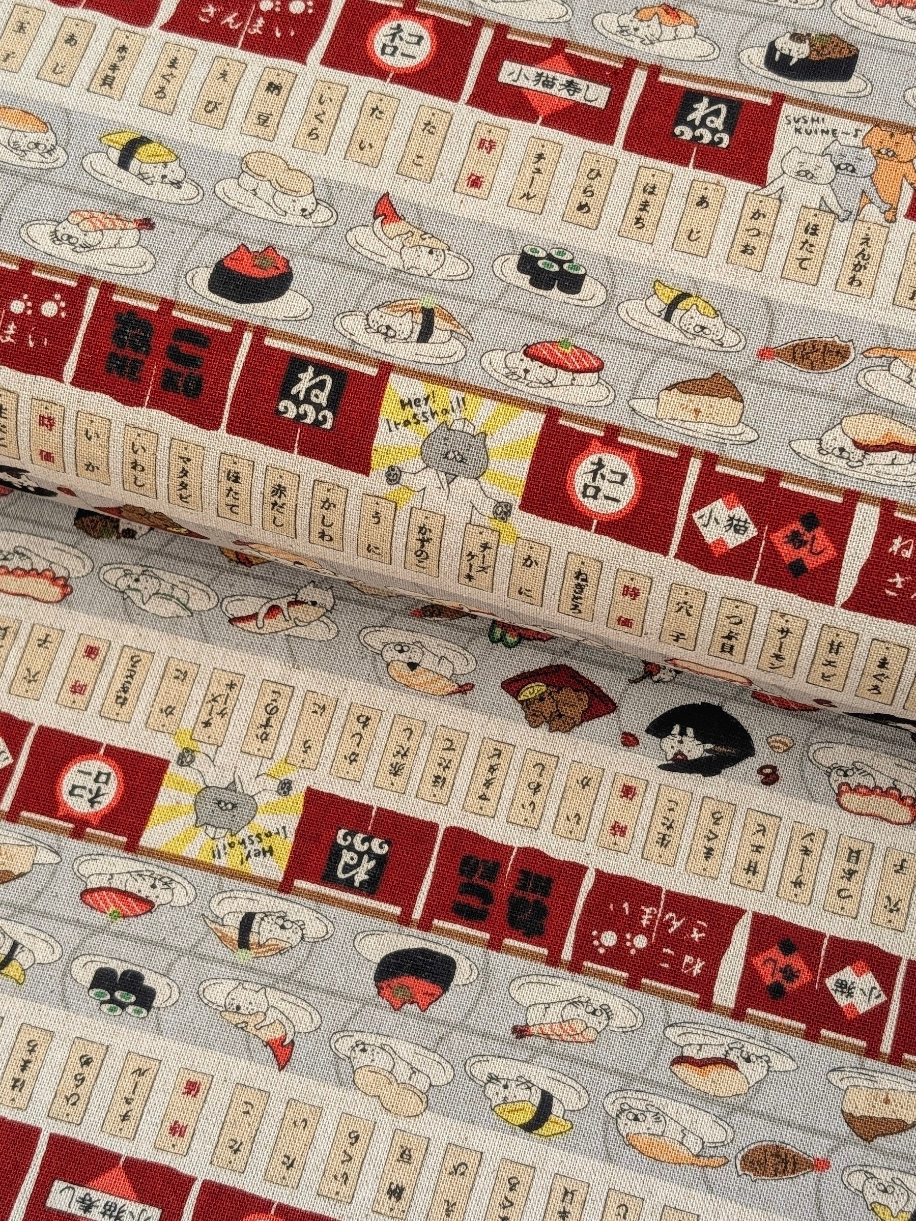 Kobayashi - Neko Sushi Train Cotton Linen Oxford Canvas Fabric - Red