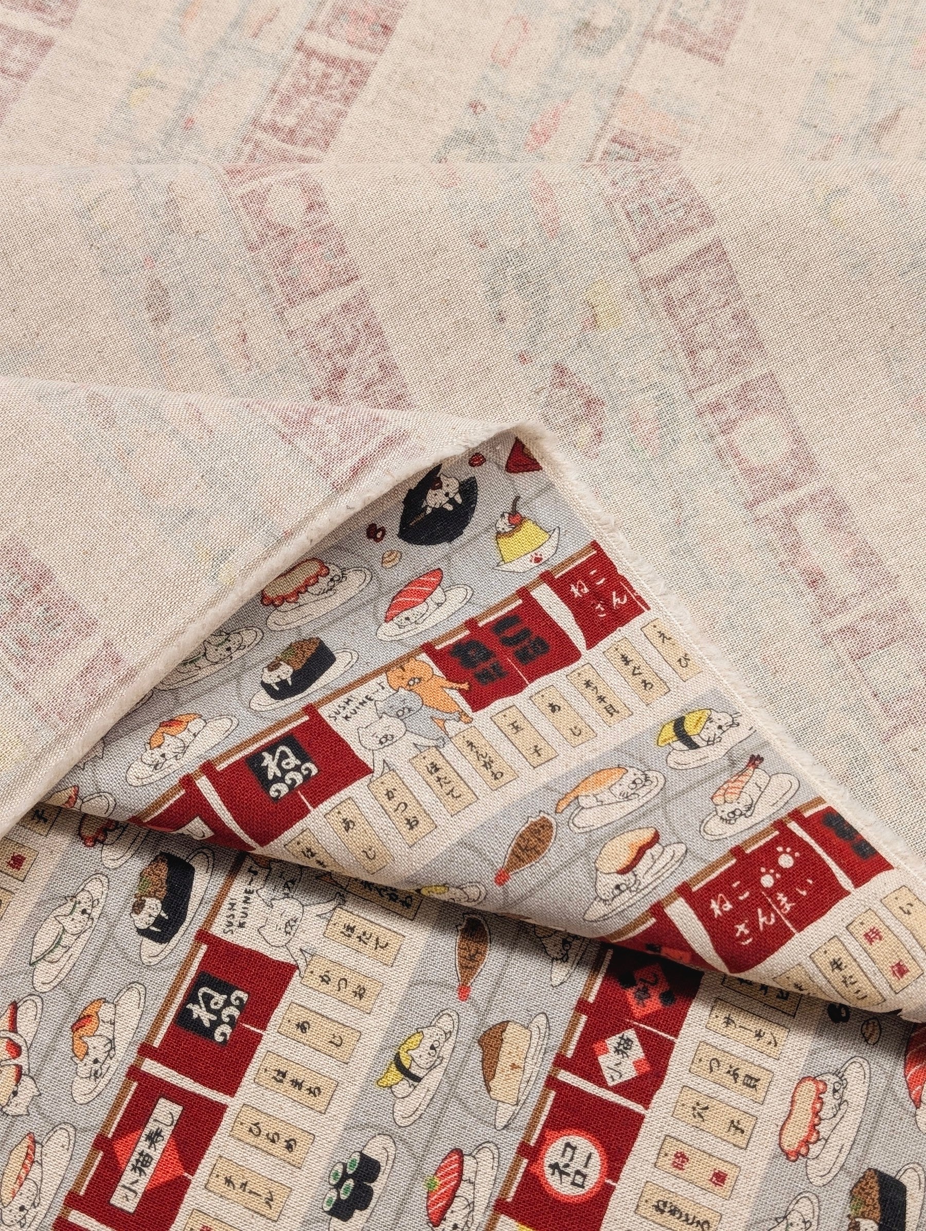 Kobayashi - Neko Sushi Train Cotton Linen Oxford Canvas Fabric - Red