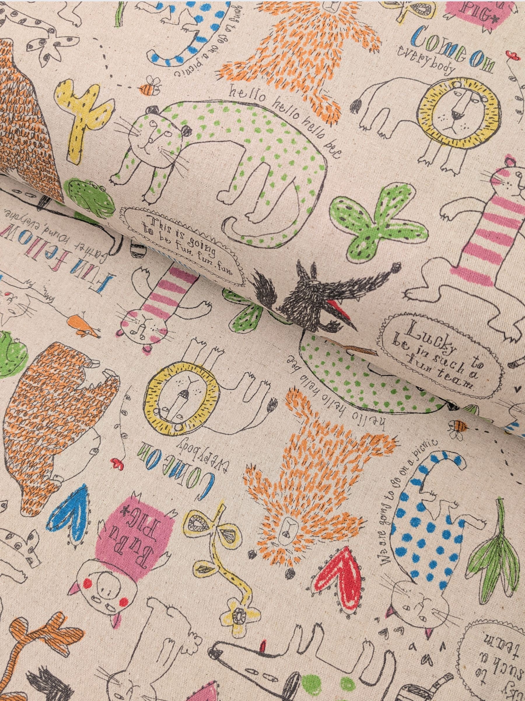 Yuwa - Animal Fun Cotton/Linen Fabric - Natural