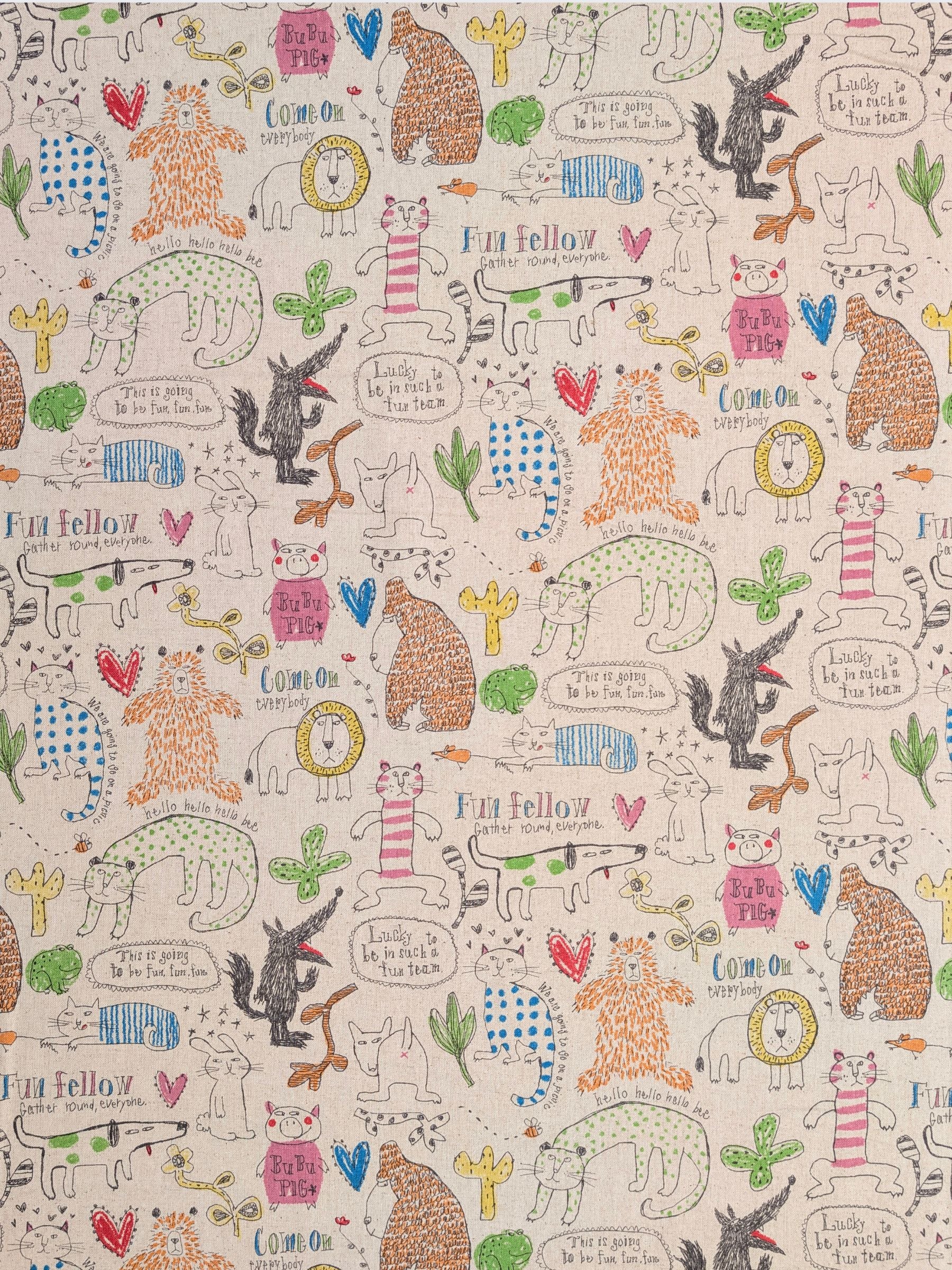 Yuwa - Animal Fun Cotton/Linen Fabric - Natural