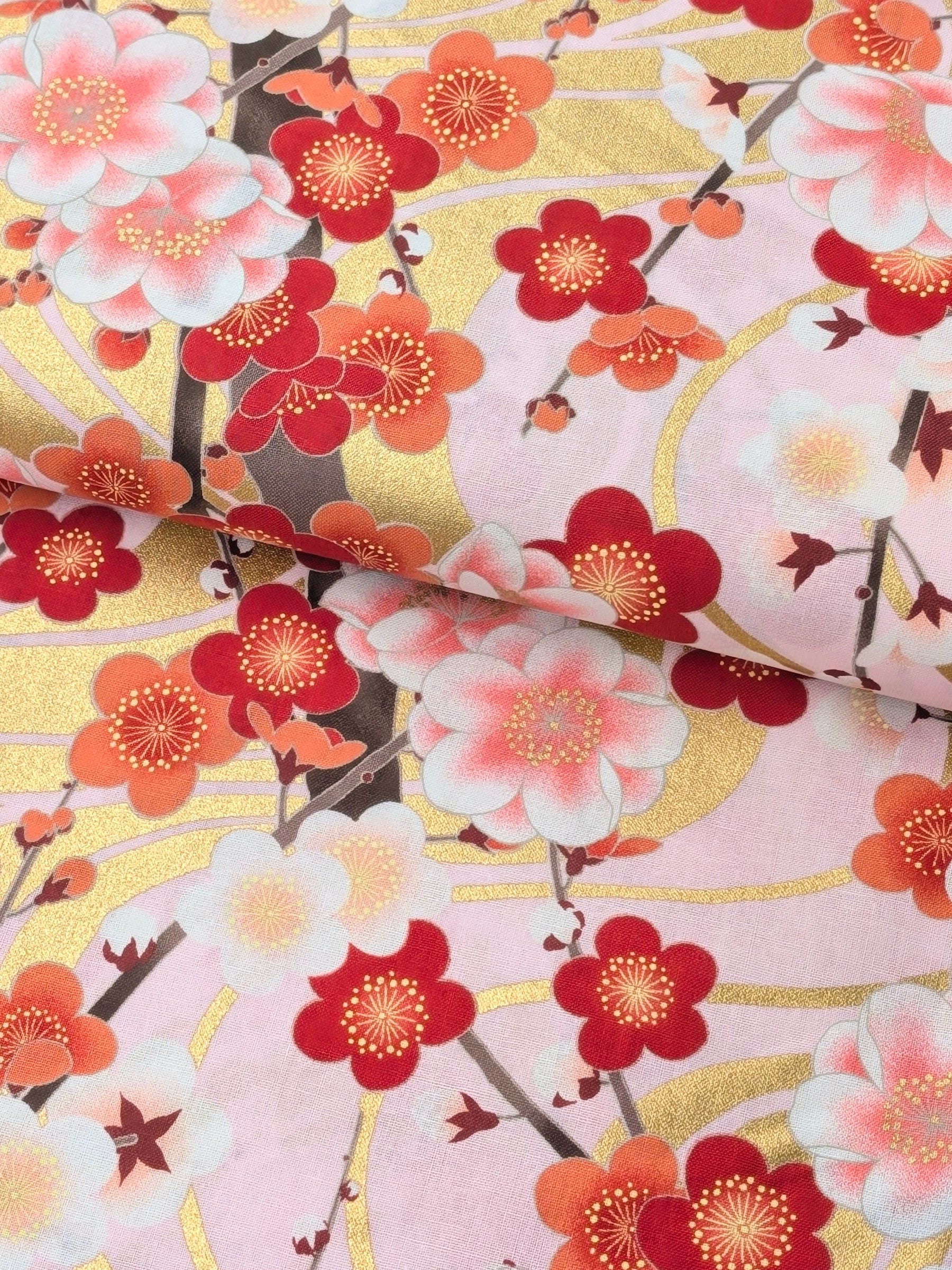 Naka - Golden Plum Blossom Cotton Sheeting Fabric - Red & Pink