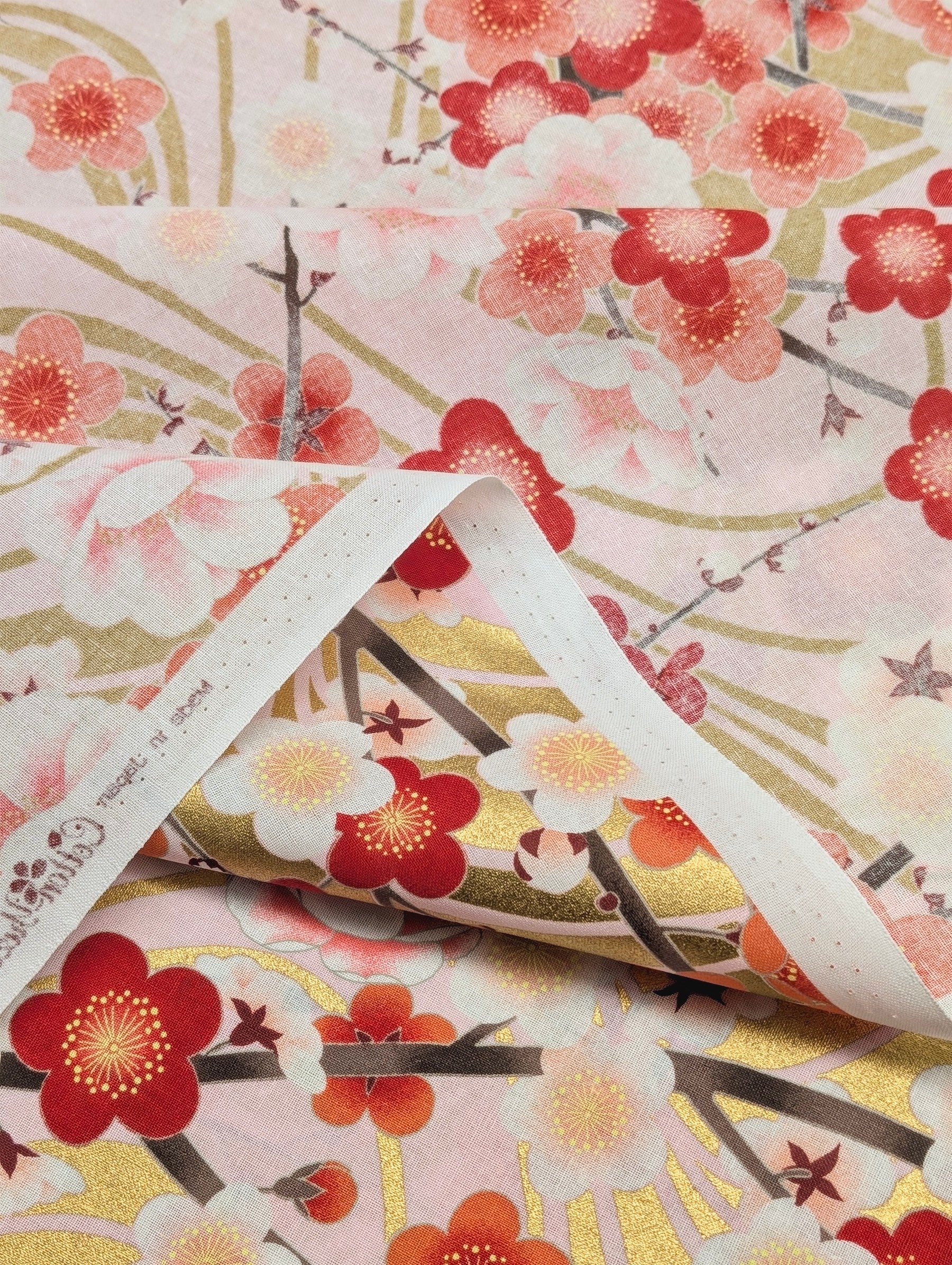 Naka - Golden Plum Blossom Cotton Sheeting Fabric - Red & Pink