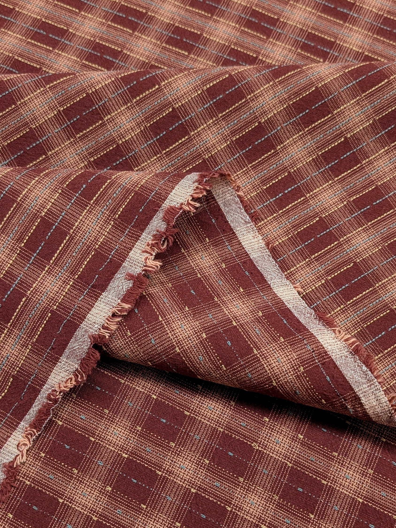 MYD - Dotted Texture Cotton Gingham Plaid Yarn Dyed Fabric -  Burgundy and Pink