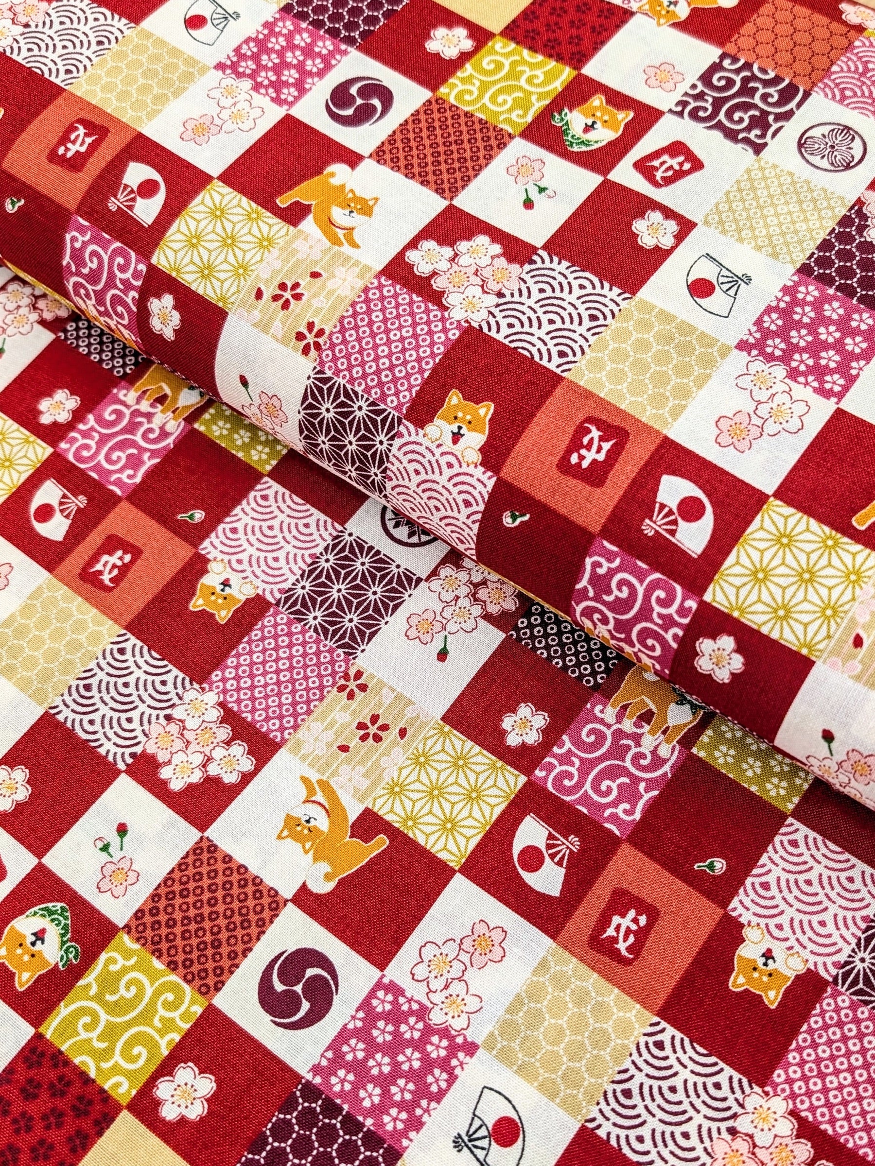 Cosmo - Checkerboard Shibas Cotton Sheeting Fabric - Red REMNANT