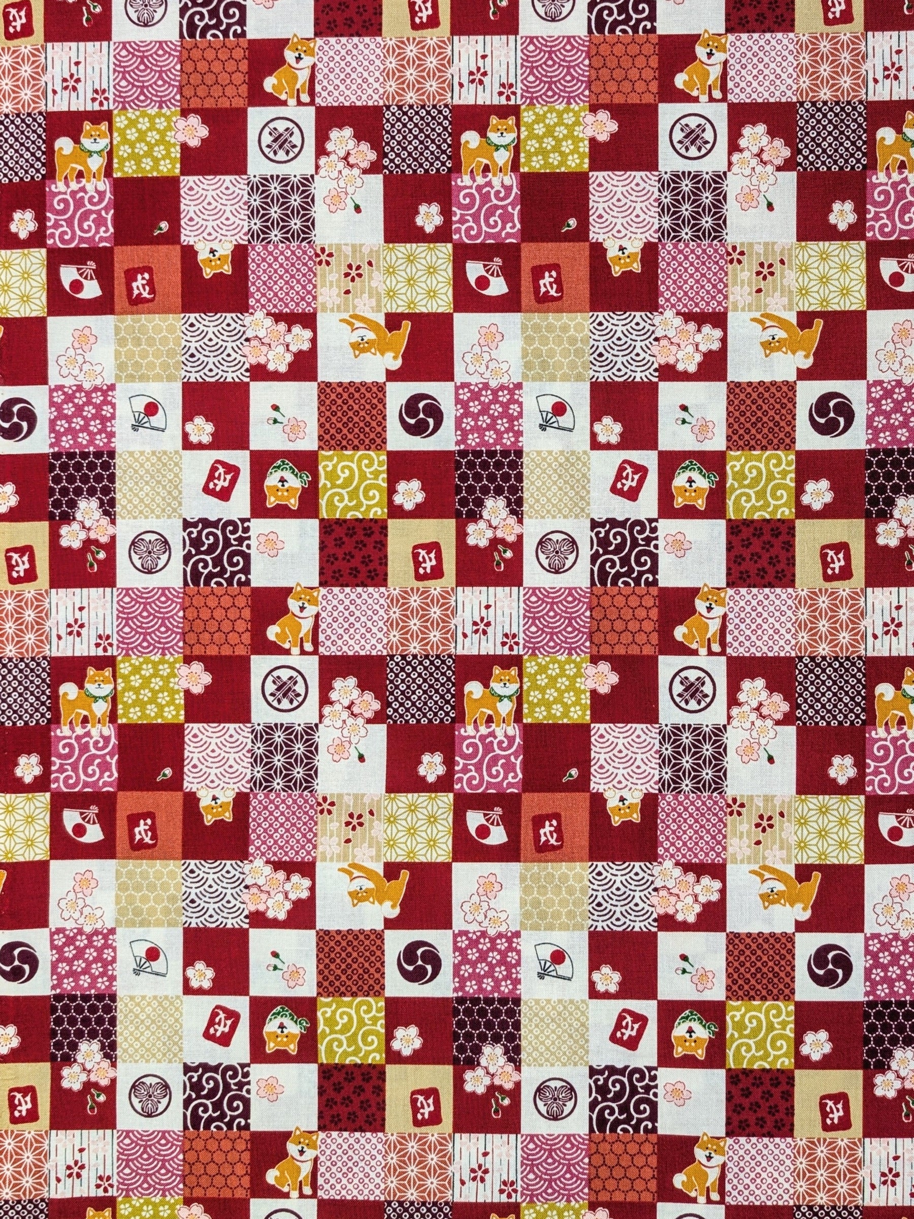 Cosmo - Checkerboard Shibas Cotton Sheeting Fabric - Red REMNANT