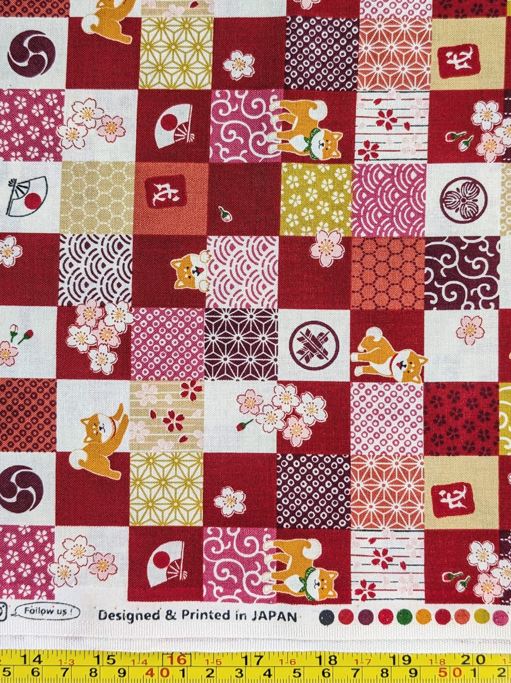 Cosmo - Checkerboard Shibas Cotton Sheeting Fabric - Red REMNANT