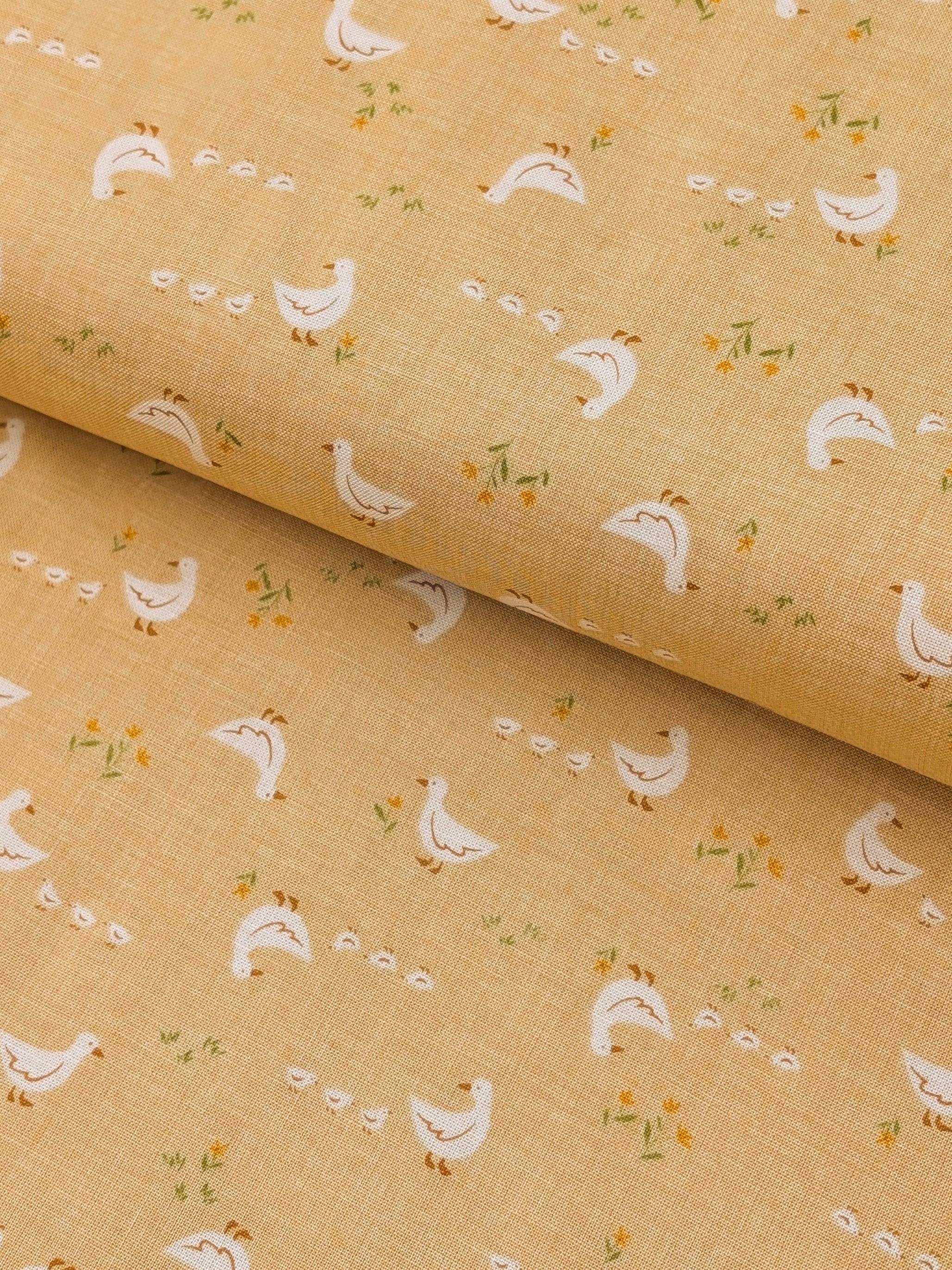 Vancet - Farmyard Ducks Feed Sack Print Cotton Fabric - Beige
