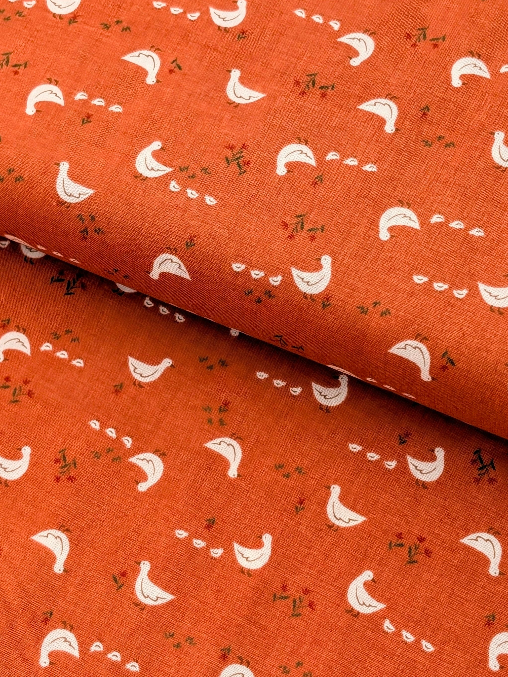 Vancet - Farmyard Ducks Feed Sack Print Cotton Fabric - Red
