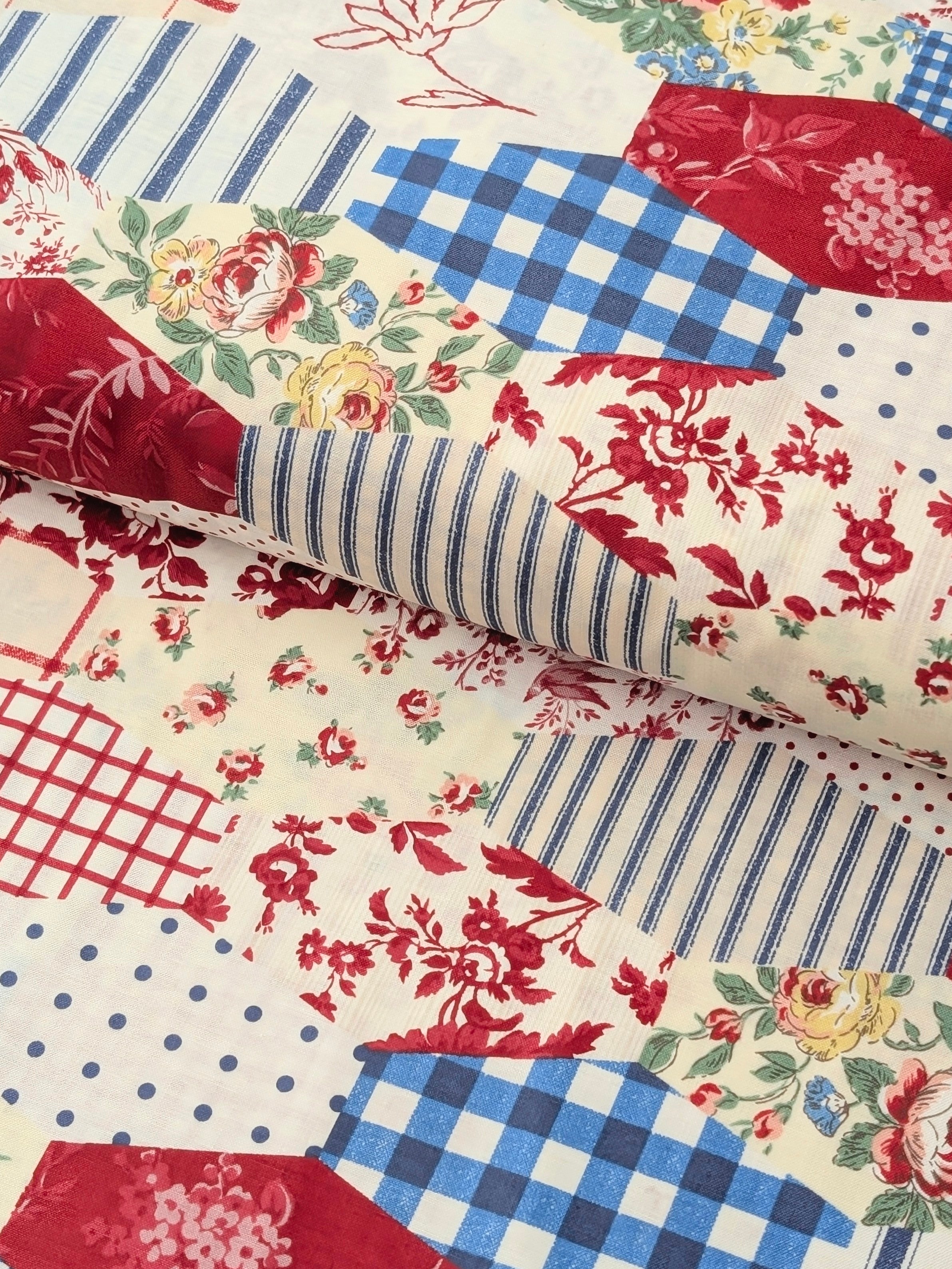 Yuwa - Patchwork Quilt Printed Cotton Sheeting Fabric - Red, White & Blue