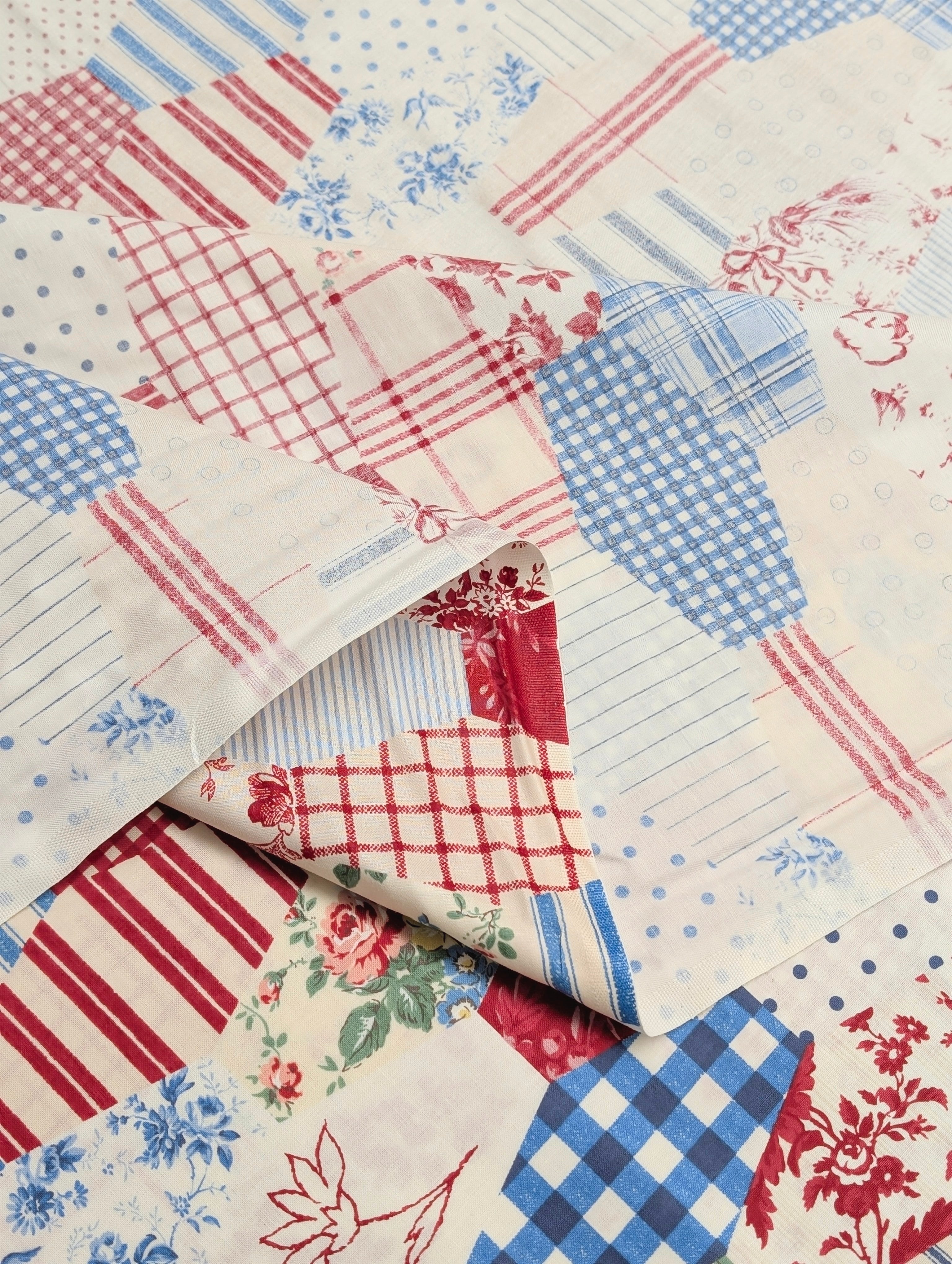 Yuwa - Patchwork Quilt Printed Cotton Sheeting Fabric - Red, White & Blue