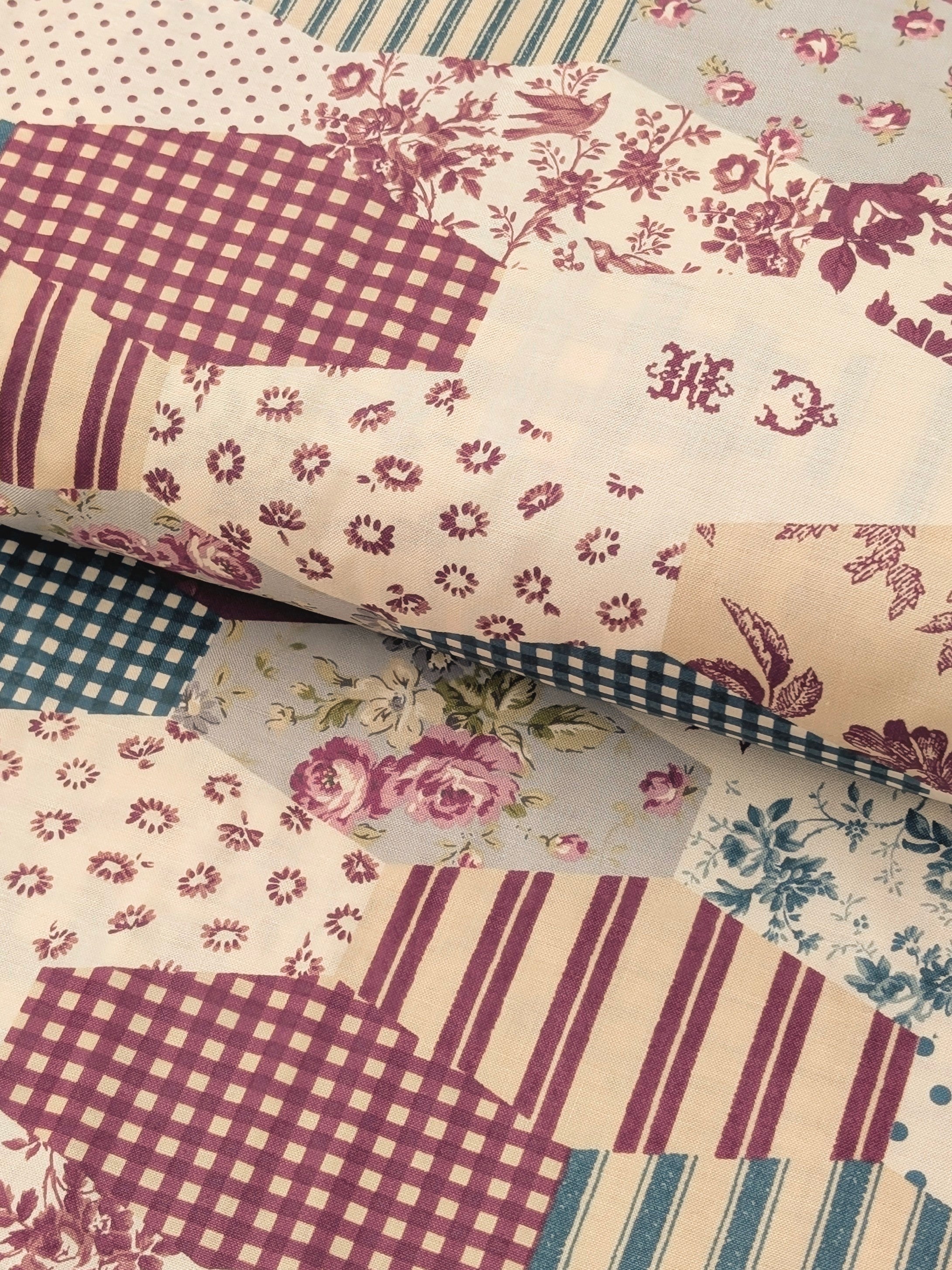 Yuwa - Patchwork Quilt Printed Cotton Sheeting Fabric - Beige, Maroon & Green