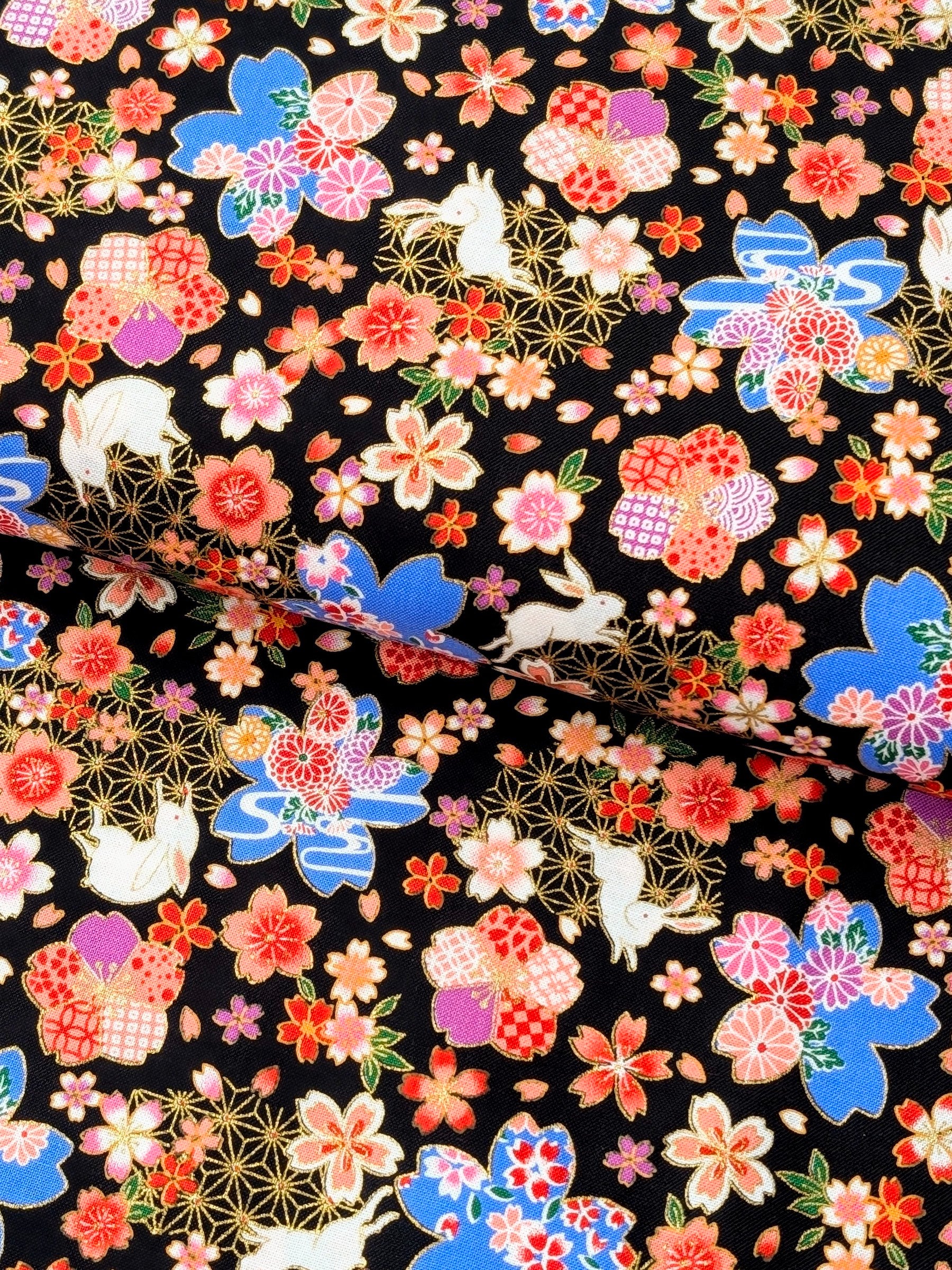 CoCo - Golden Rabbits & Cherry Blossoms Cotton Shirting Fabric - Black