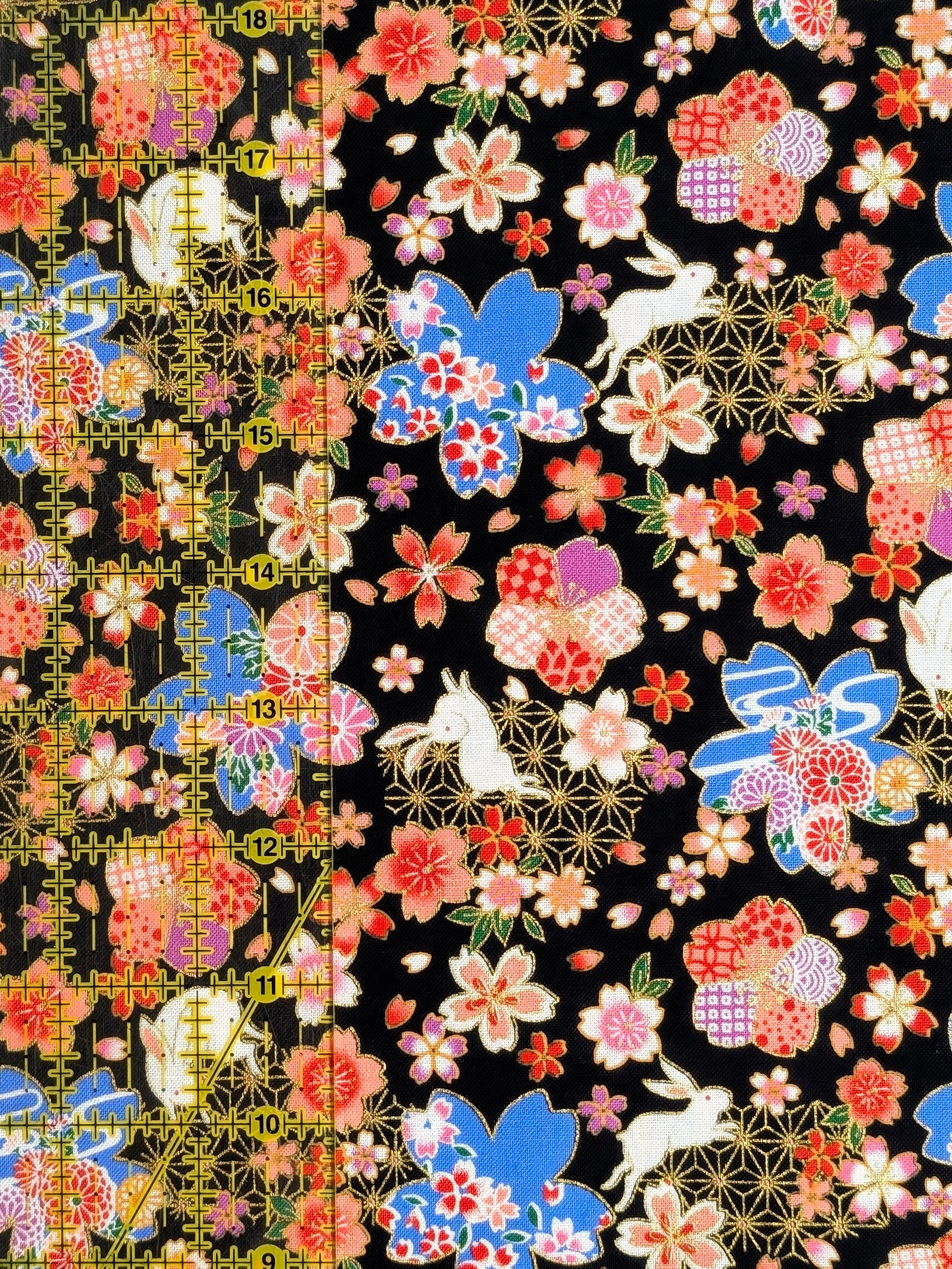CoCo - Golden Rabbits & Cherry Blossoms Cotton Shirting Fabric - Black