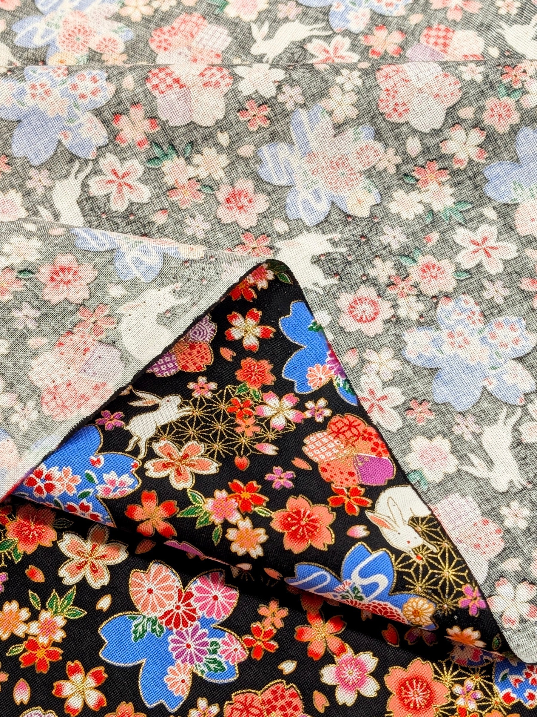 CoCo - Golden Rabbits & Cherry Blossoms Cotton Shirting Fabric - Black