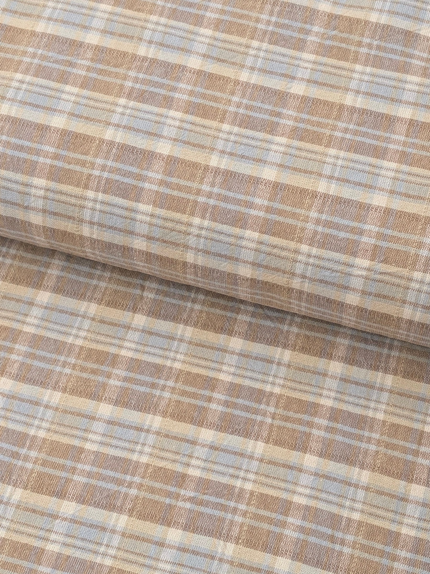 Textile Pantry - Madras Plaid Yarn Dyed Cotton Fabric - Pale Brown & Blue