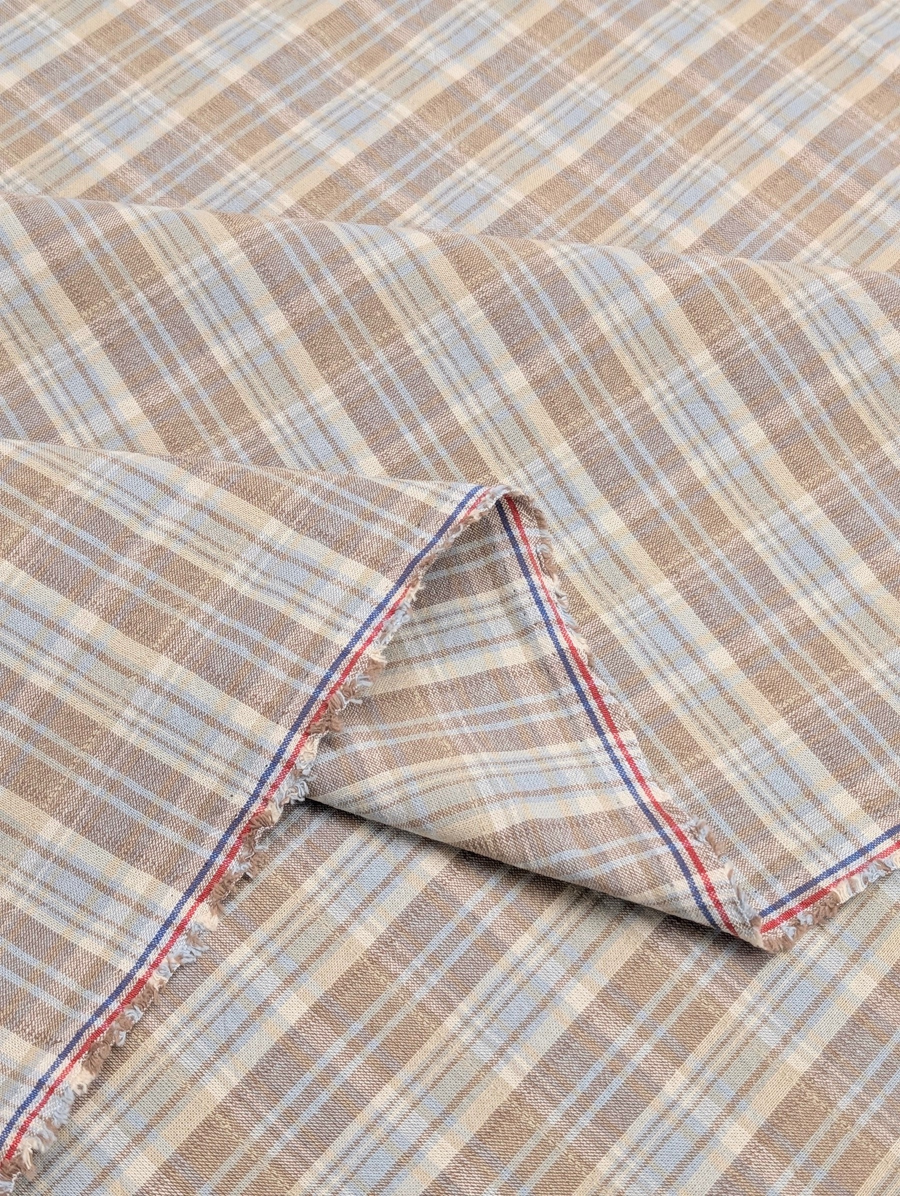Textile Pantry - Madras Plaid Yarn Dyed Cotton Fabric - Pale Brown & Blue