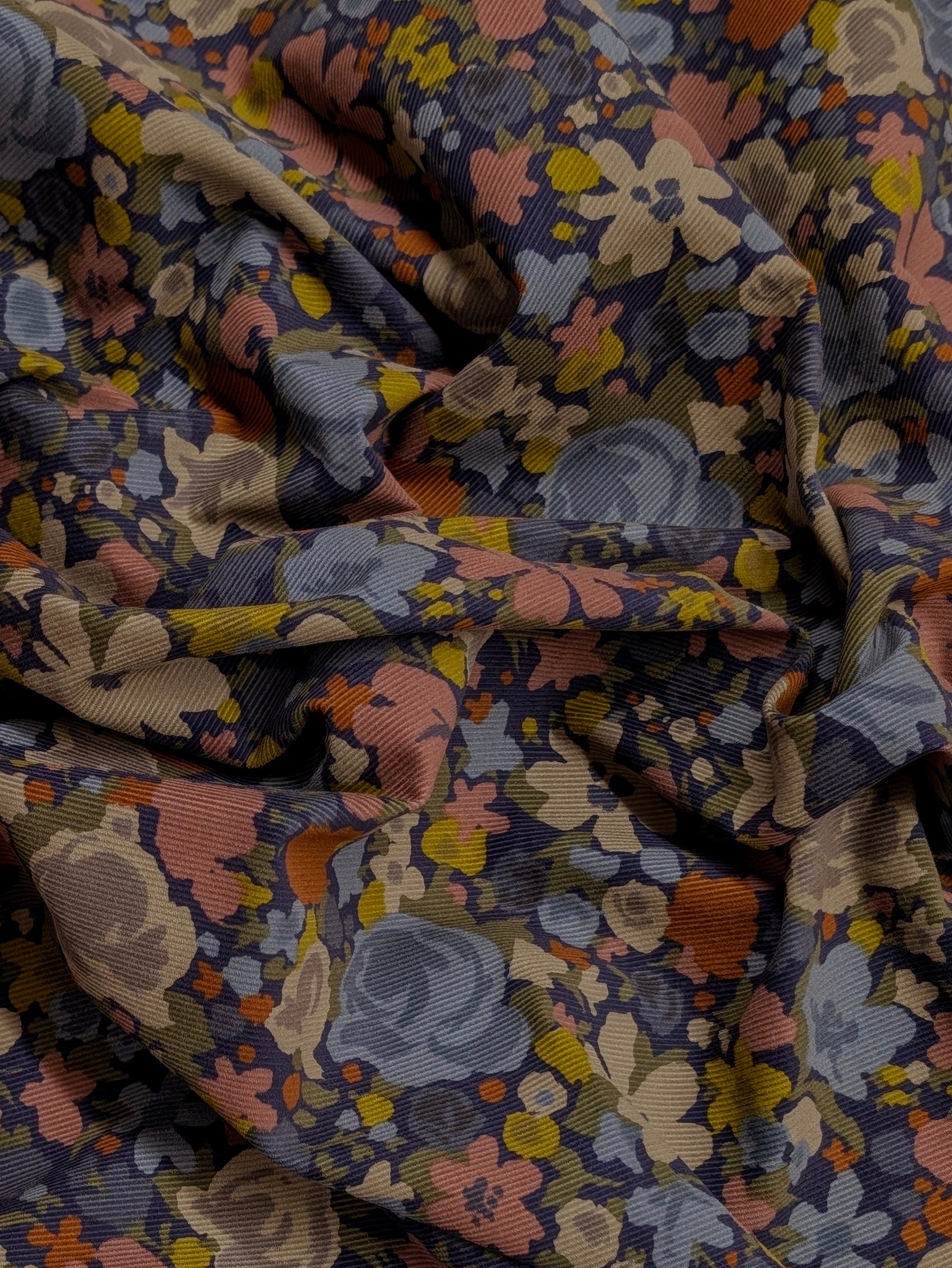 Hokkoh - Block Flower Meadow Cotton Needlecord Corduroy Fabric - Blue