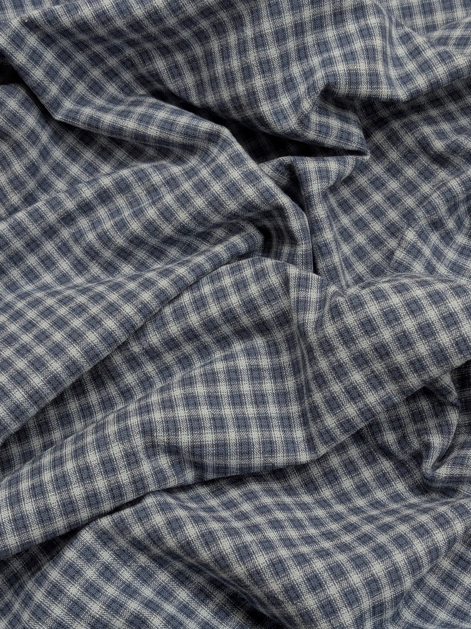 Handworks - Small Gingham Check Yarn Dyed Cotton Fabric - Medium Blue