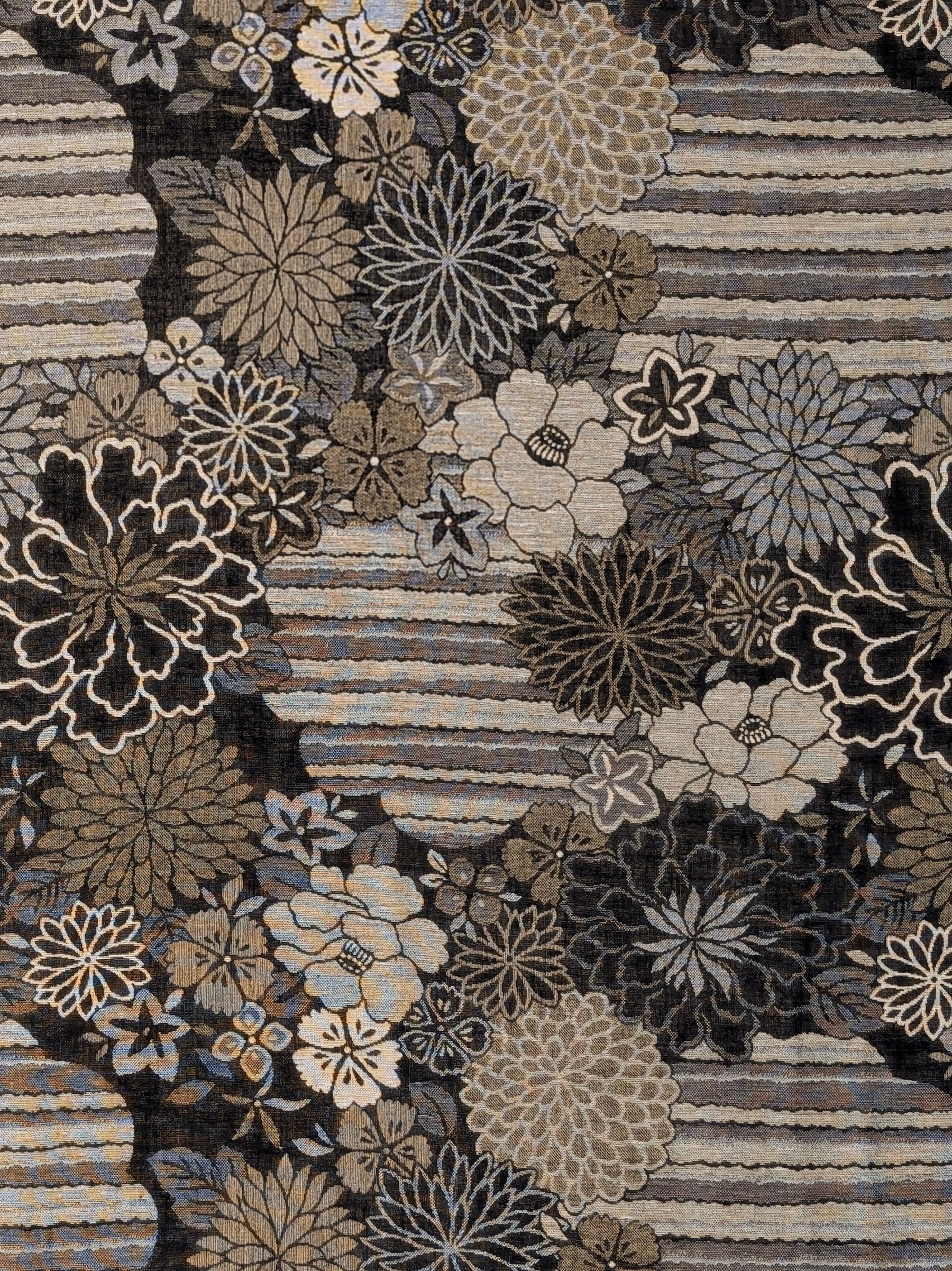 Kobayashi - Floral Blooms with Stripes Double Sided Jacquard Cotton Fabric - Black & Beige