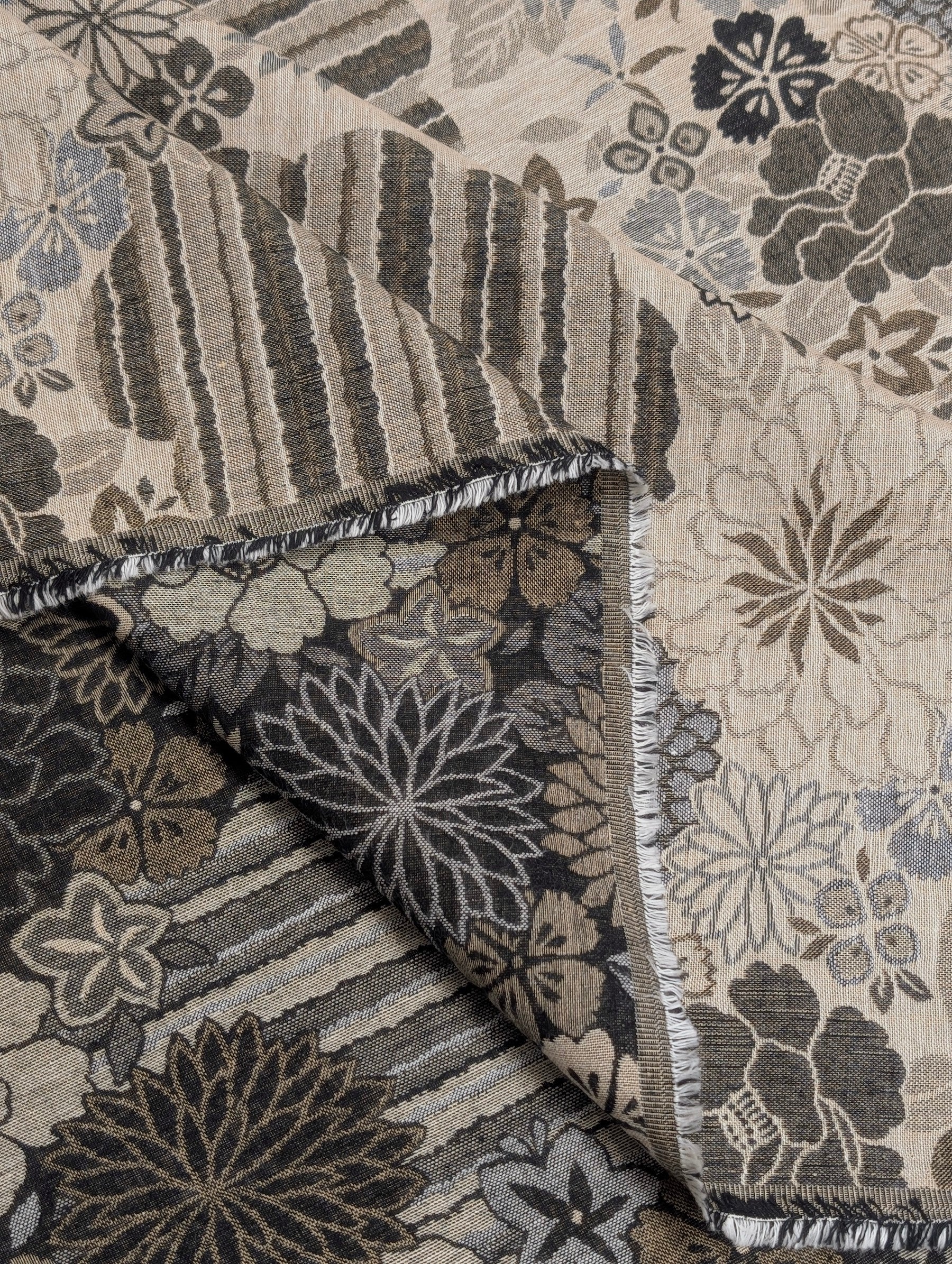 Kobayashi - Floral Blooms with Stripes Double Sided Jacquard Cotton Fabric - Black & Beige