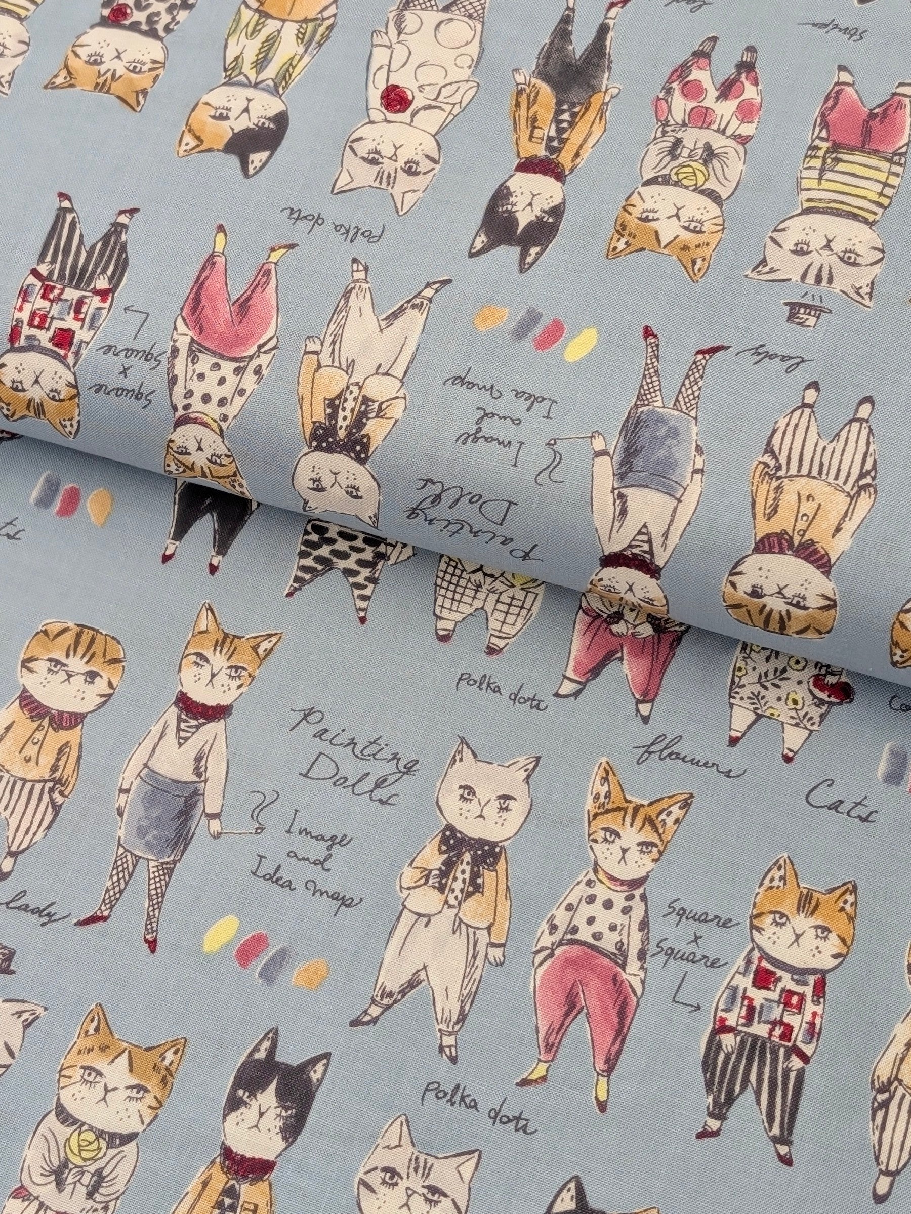 Yuwa - Concept Cats Cotton Shirting Fabric - Blue