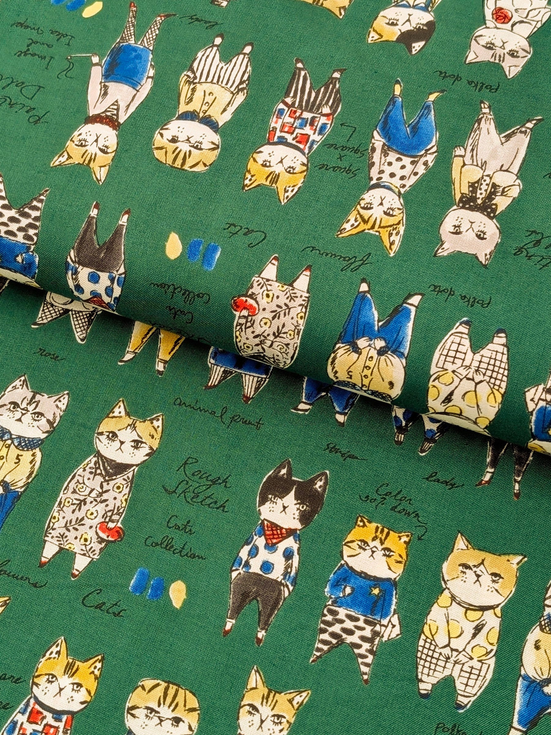 Yuwa - Concept Cats Cotton Shirting Fabric - Green