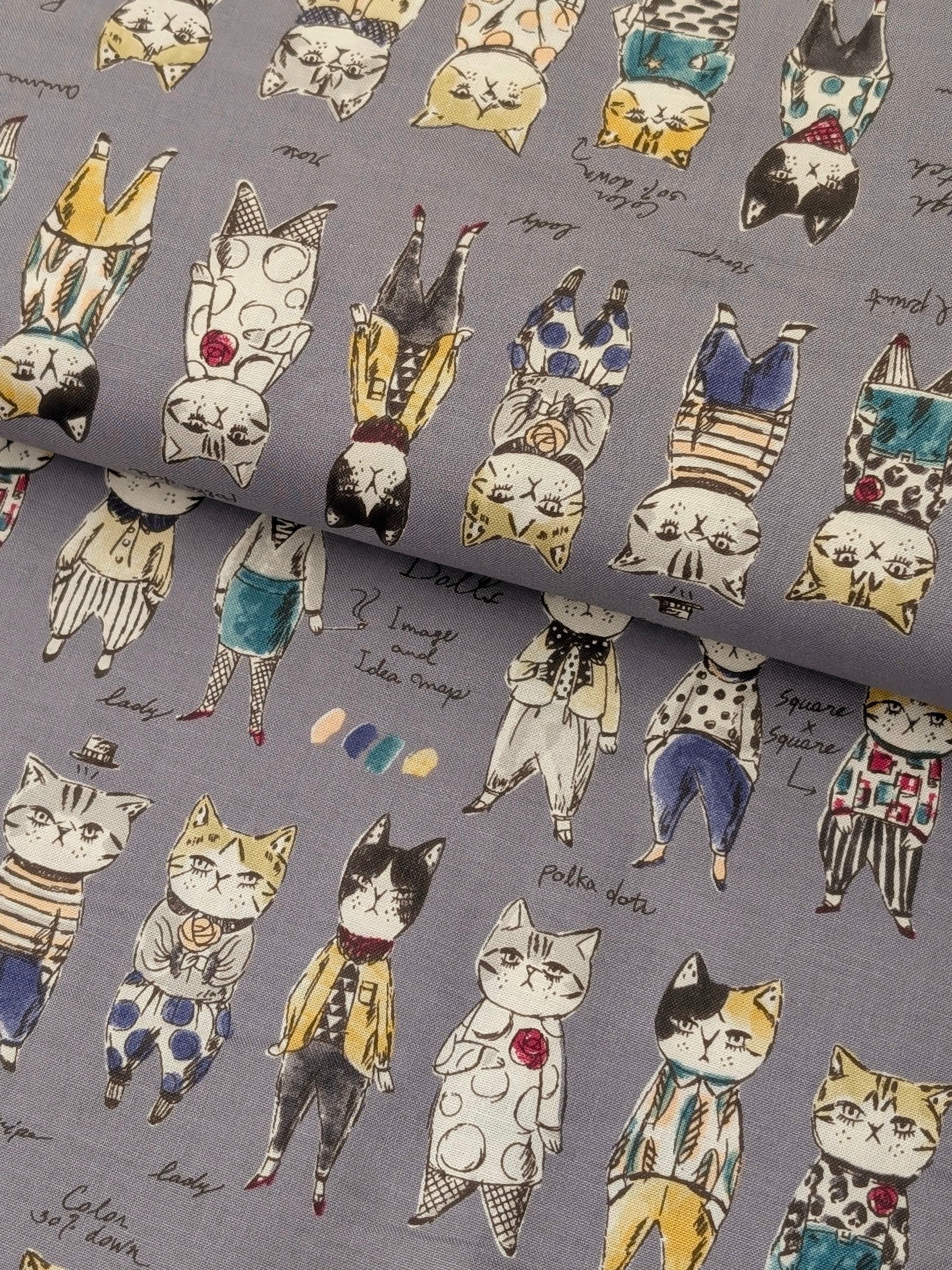 Yuwa - Concept Cats Cotton Shirting Fabric - Gray