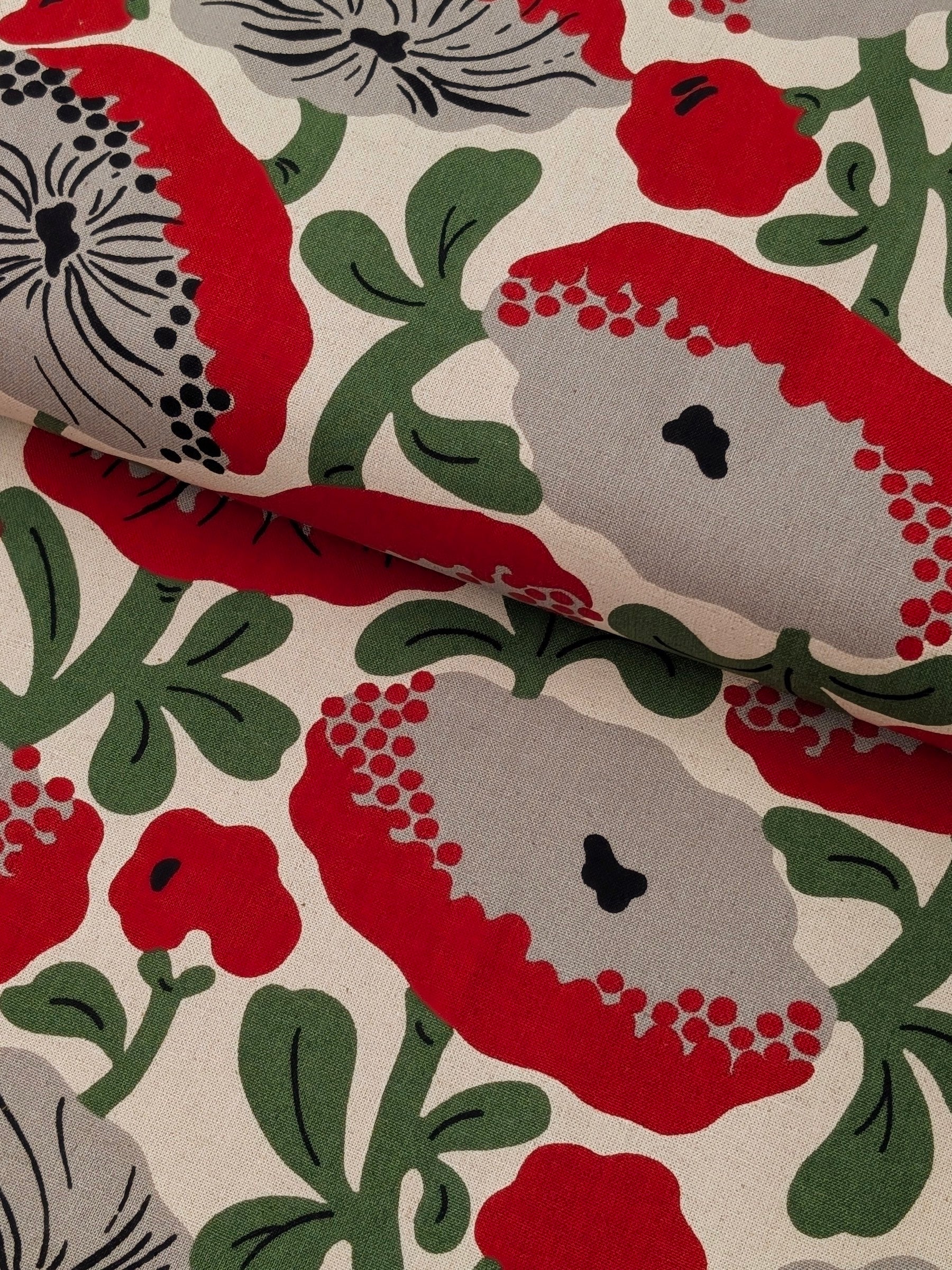 Kobayashi - Giant Two-Toned Flowers Cotton Linen Oxford Canvas Fabric - Red & Gray