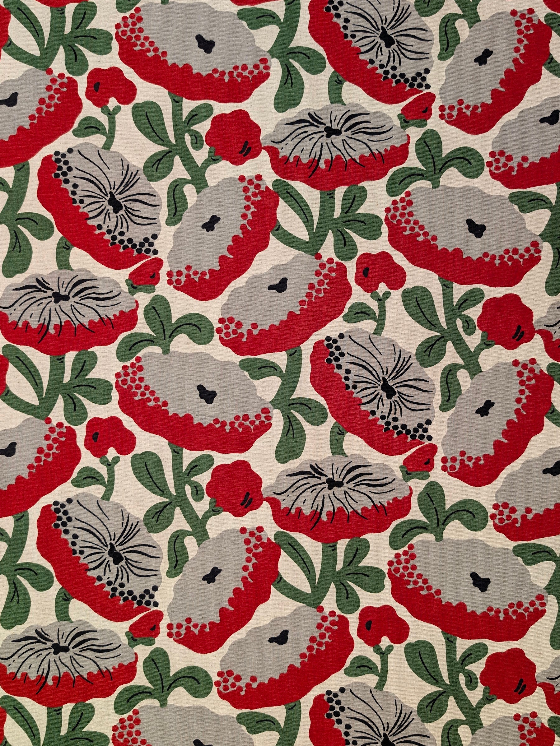 Kobayashi - Giant Two-Toned Flowers Cotton Linen Oxford Canvas Fabric - Red & Gray