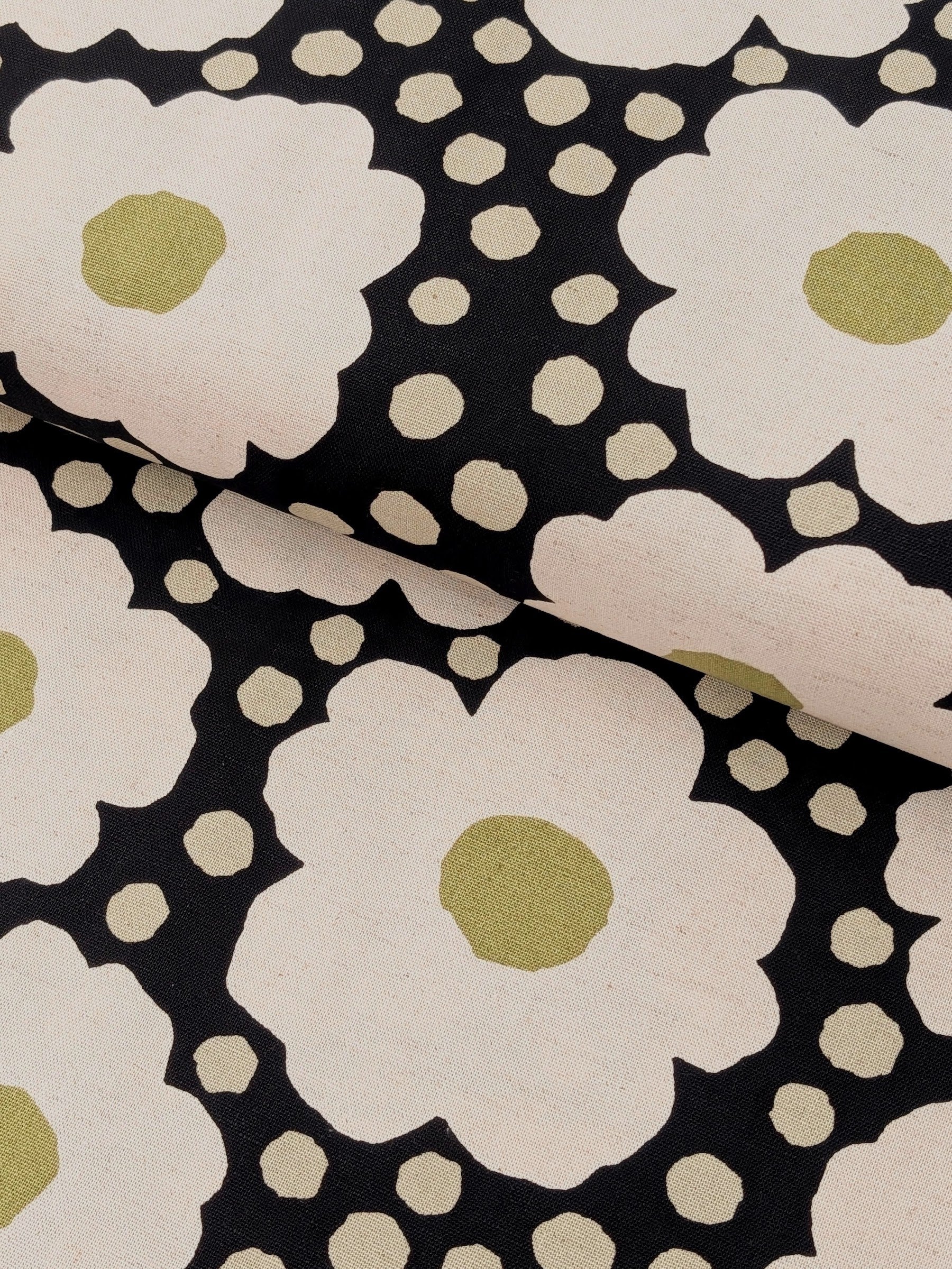 Kobayashi - Big Daisies & Polka Dots Cotton Linen Oxford Canvas Fabric - Black & White