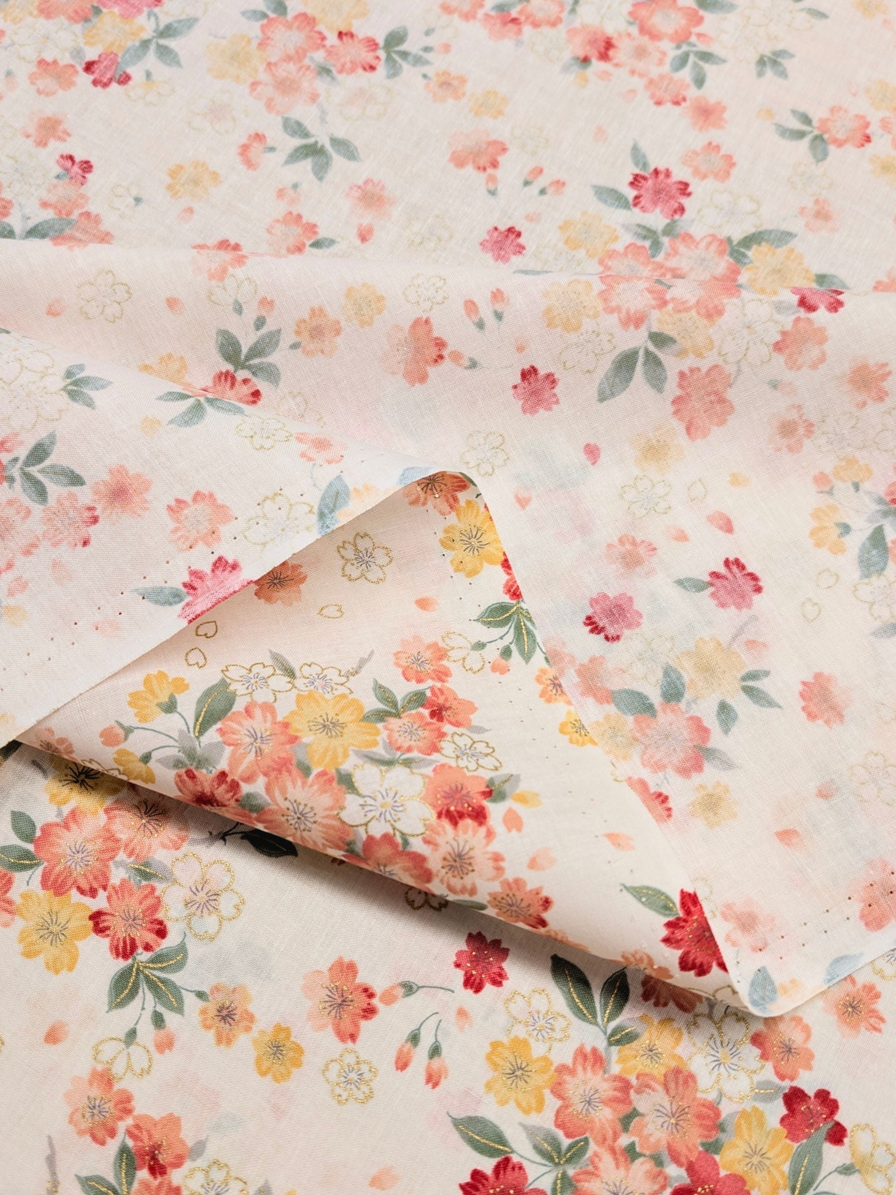 Kokka - Golden Cherry Blossoms Cotton Sheeting Fabric - White