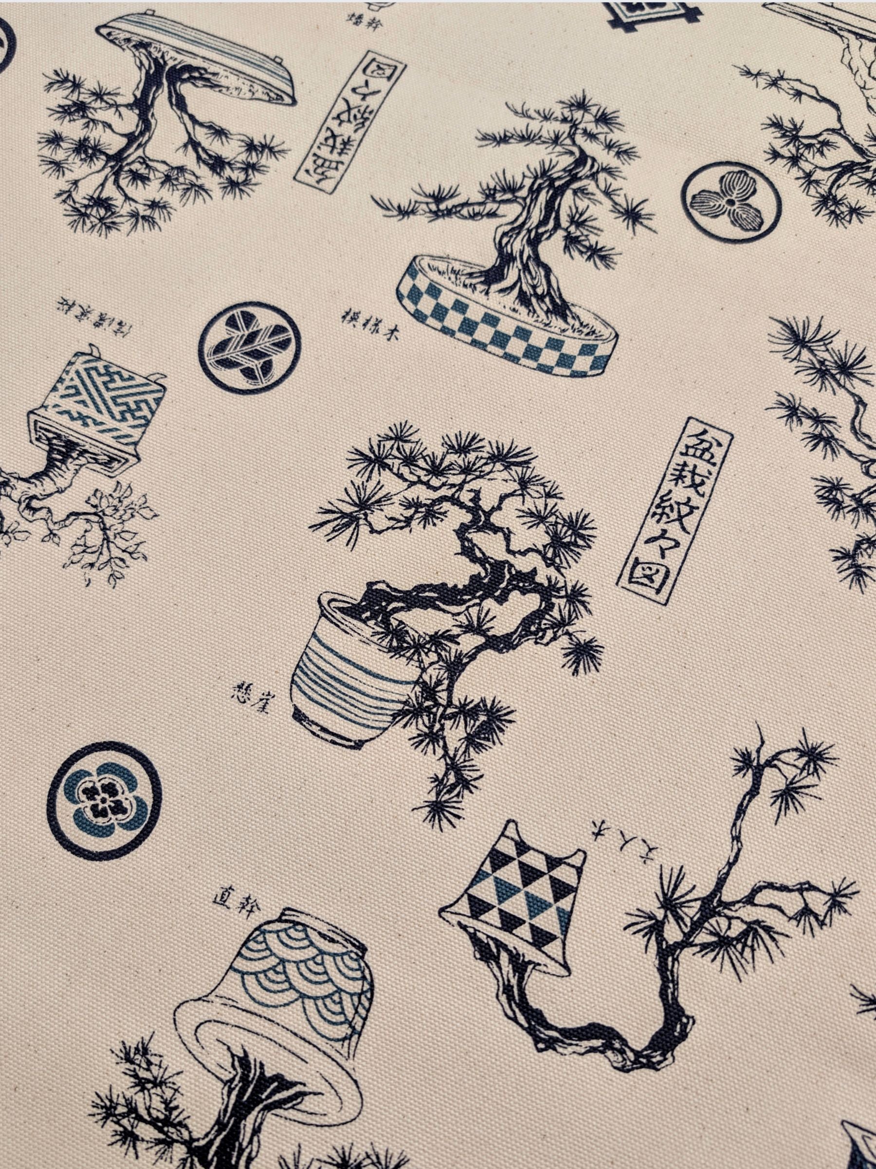 Kokka - Bonsai Trees Cotton Duck Canvas Fabric - Beige & Blue