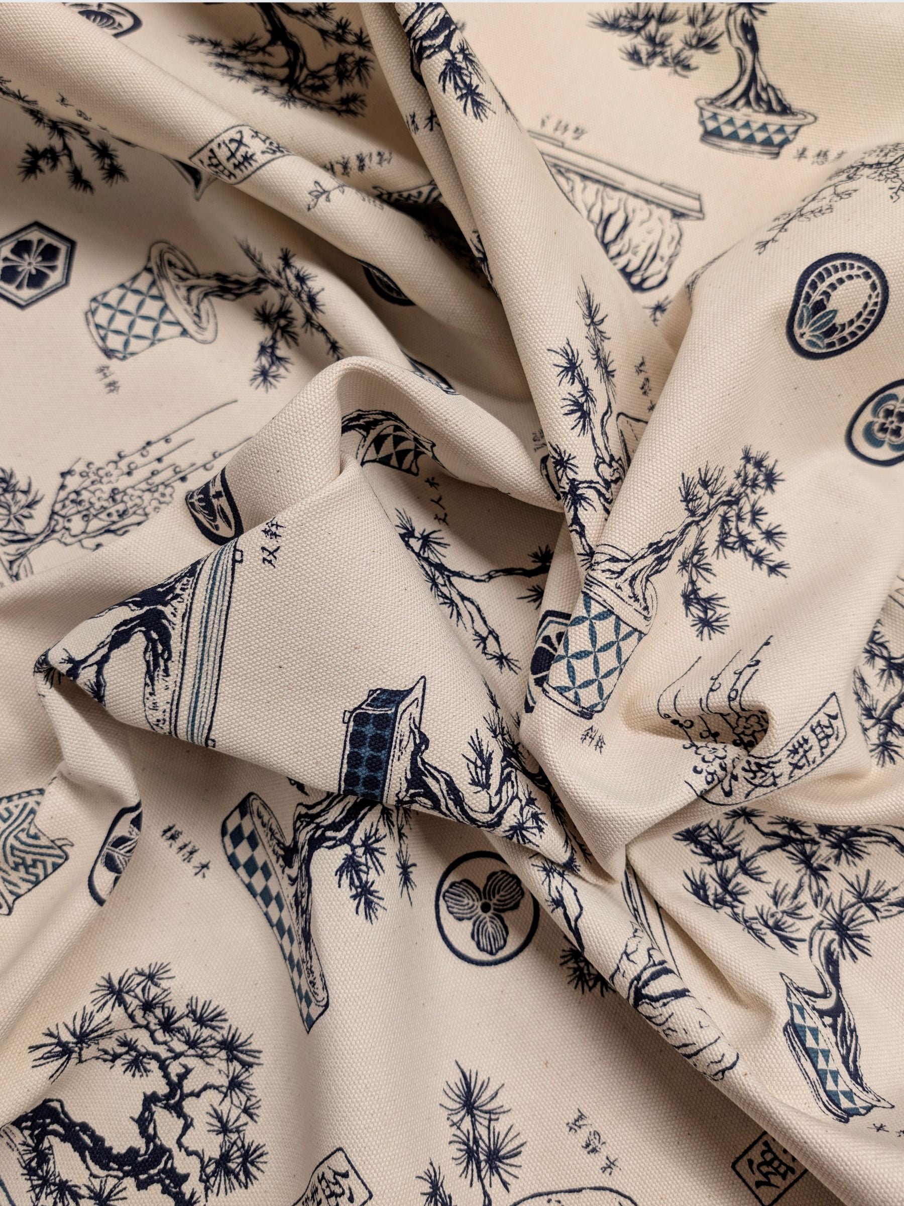 Kokka - Bonsai Trees Cotton Duck Canvas Fabric - Beige & Blue