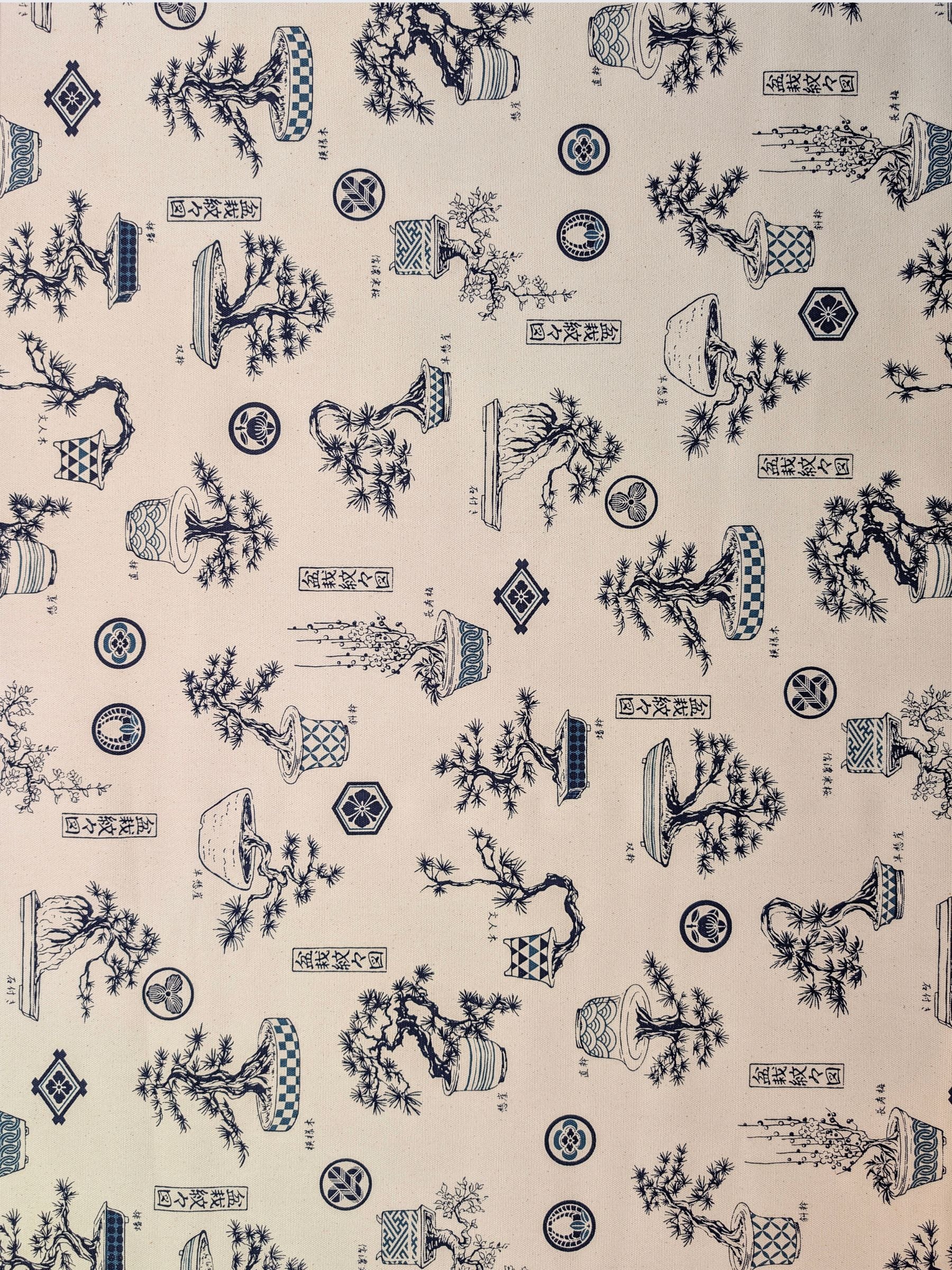 Kokka - Bonsai Trees Cotton Duck Canvas Fabric - Beige & Blue
