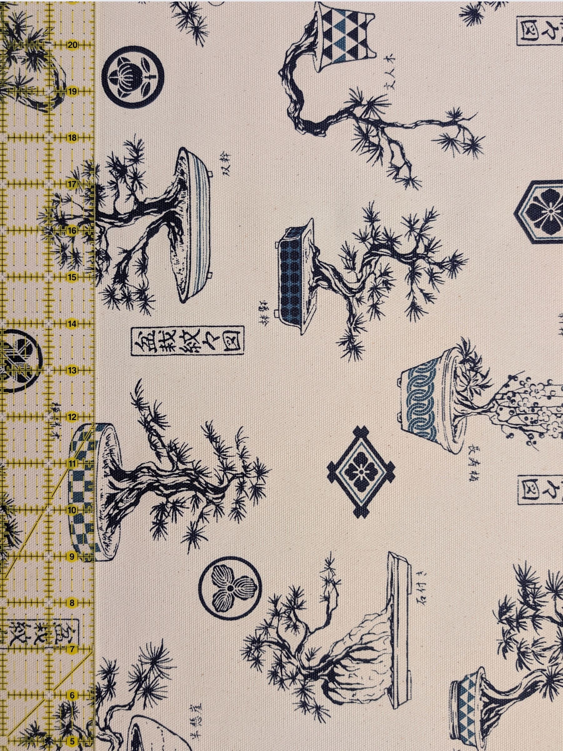 Kokka - Bonsai Trees Cotton Duck Canvas Fabric - Beige & Blue